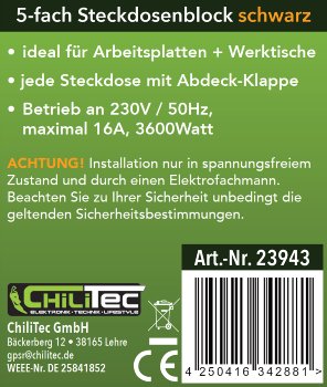 5-fach Steckdosenblock, schwarz, 250V~/ 16A, Aufbaumontage mit Klappen