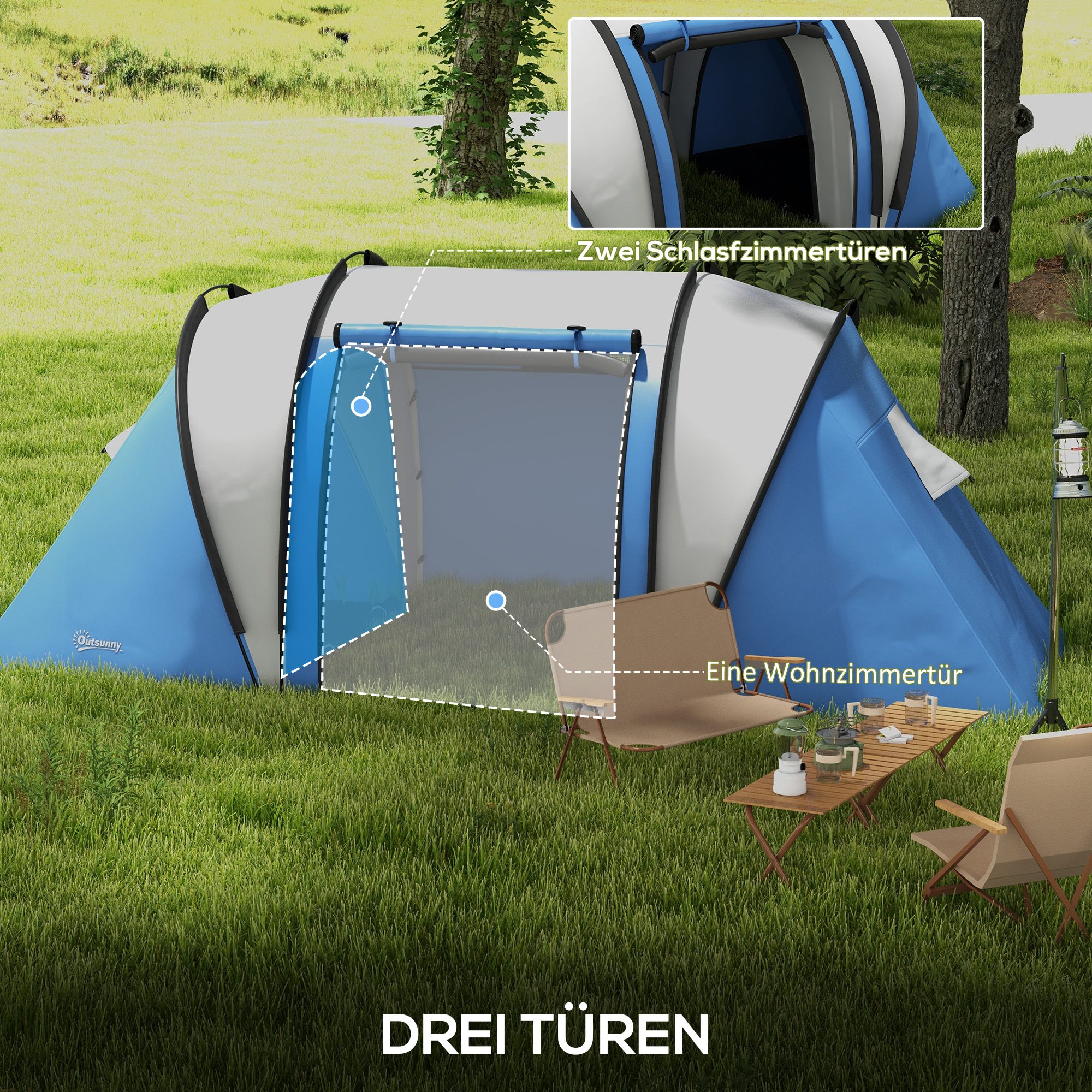 Campingzelt für 4-5 Personen leicht wasserabweisend Familienzelt mit 3 Zimmer Seitentür Fenster Blau