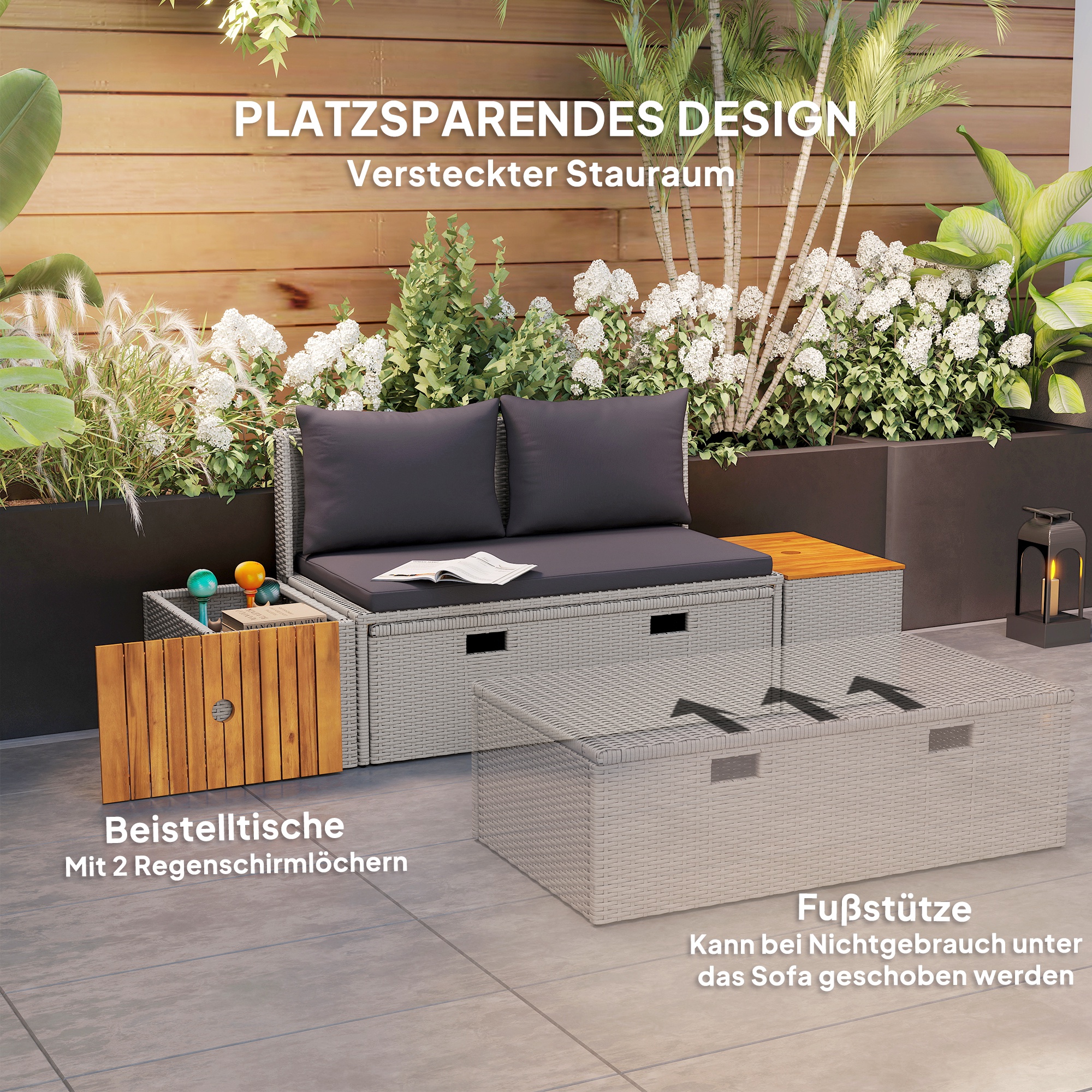 Polyrattan Sonnenliege für 2 Personen Doppelliege mit Fußhocker Stauraum Auflagen 125x114x72,5 cm Grau