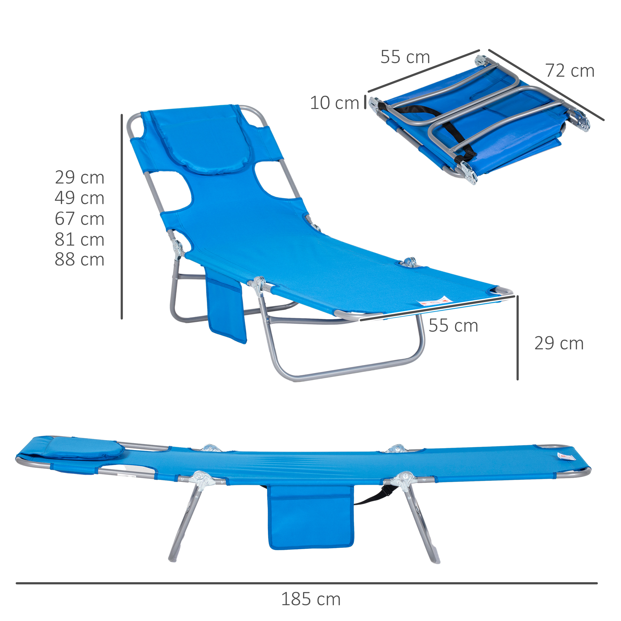 Gartenliege, Liegestuhl mit gepolsterter Gesichtsöffnung, Massage-Liege für draußen, Seitentasche, Stoff, Metall, Blau