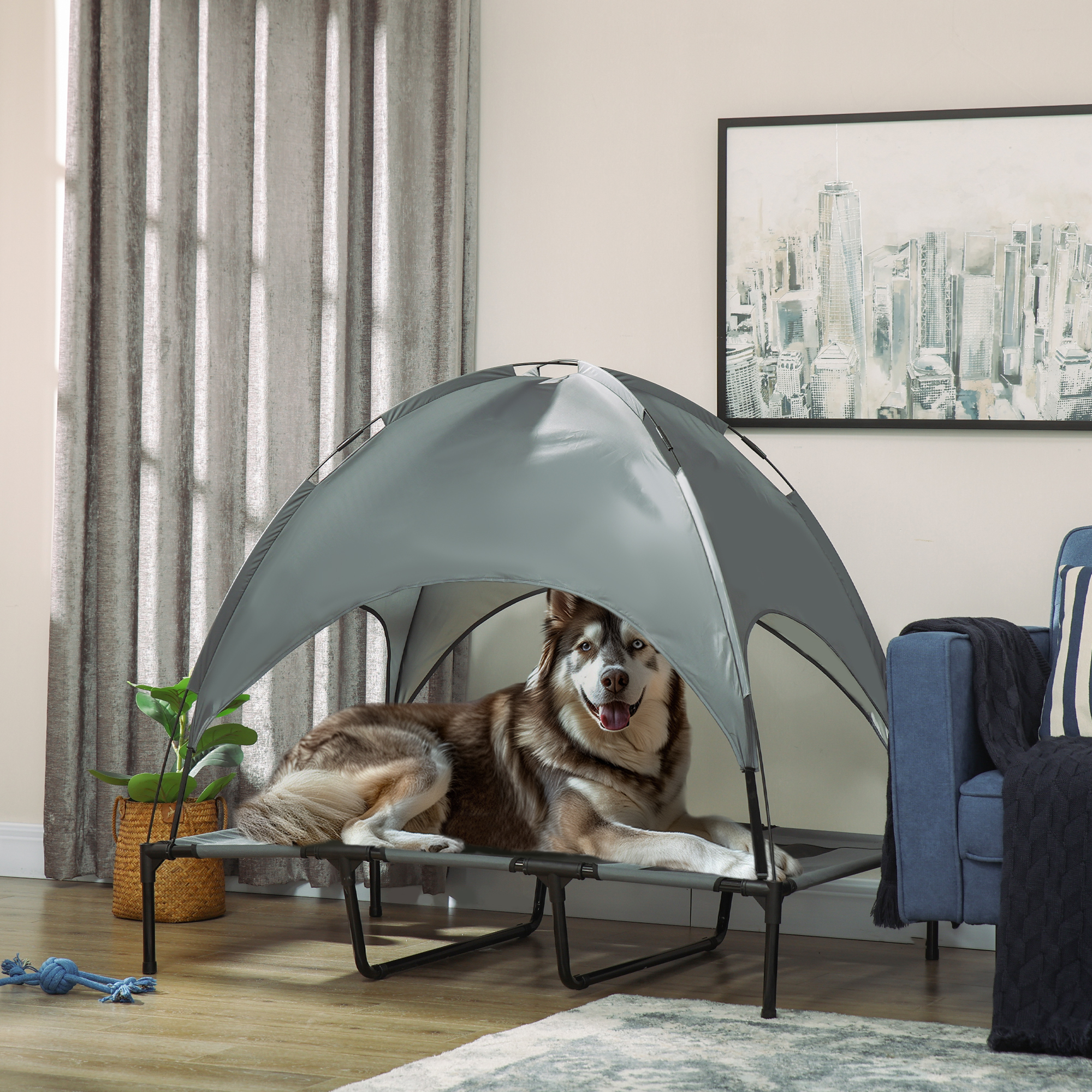 erhöhtes Hundebett mit Baldachin, Haustierbett, Hundeliege outdoor mit Dach, Atmungsaktiv, Taftstoff für Camping Grau 122 x 92 x 108 cm