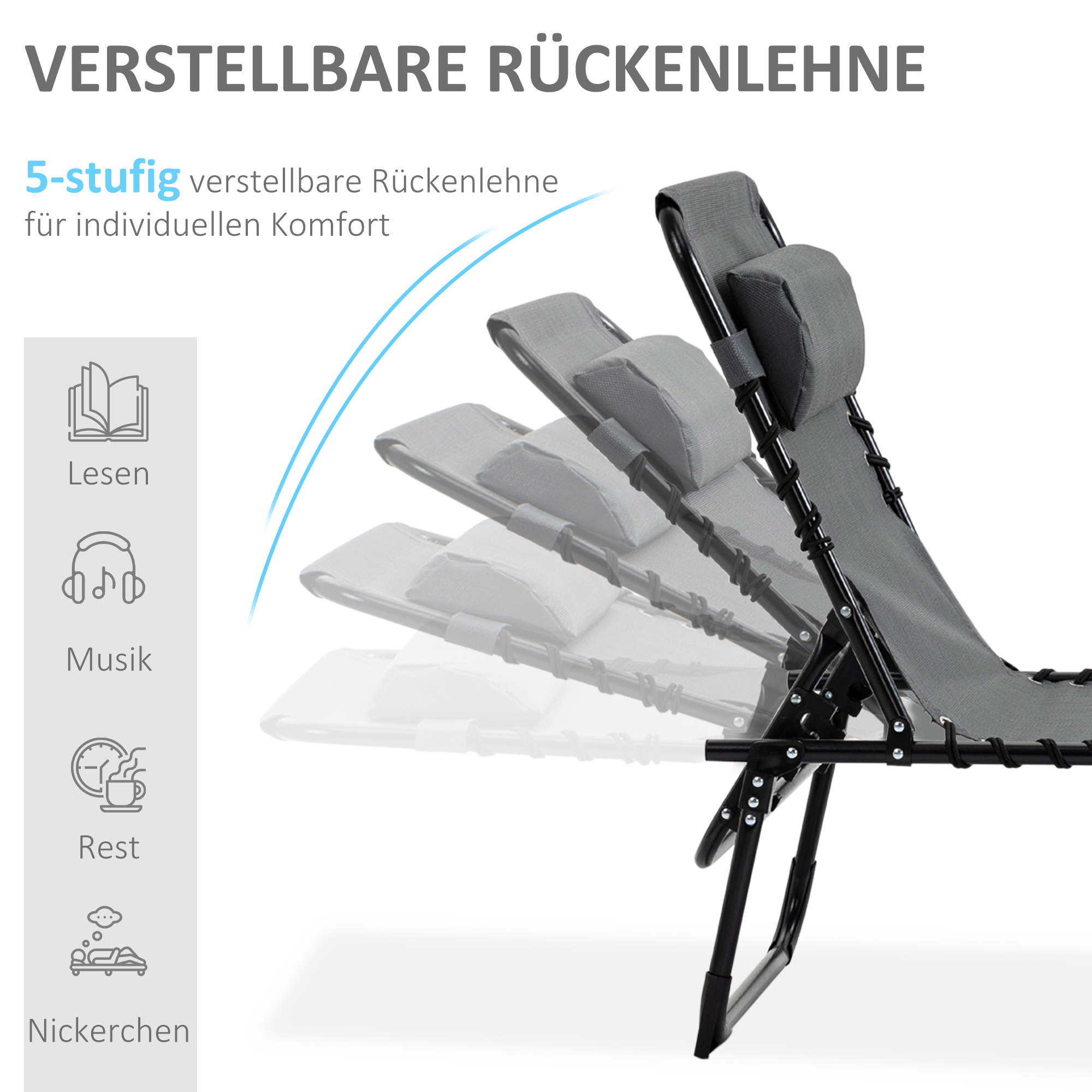 Liegestuhl, Zusammenklappbare Liege mit Nackenkissen, Stahlrahmen, Netzstoffbezug, 120 kg Belastbarkeit, Grau