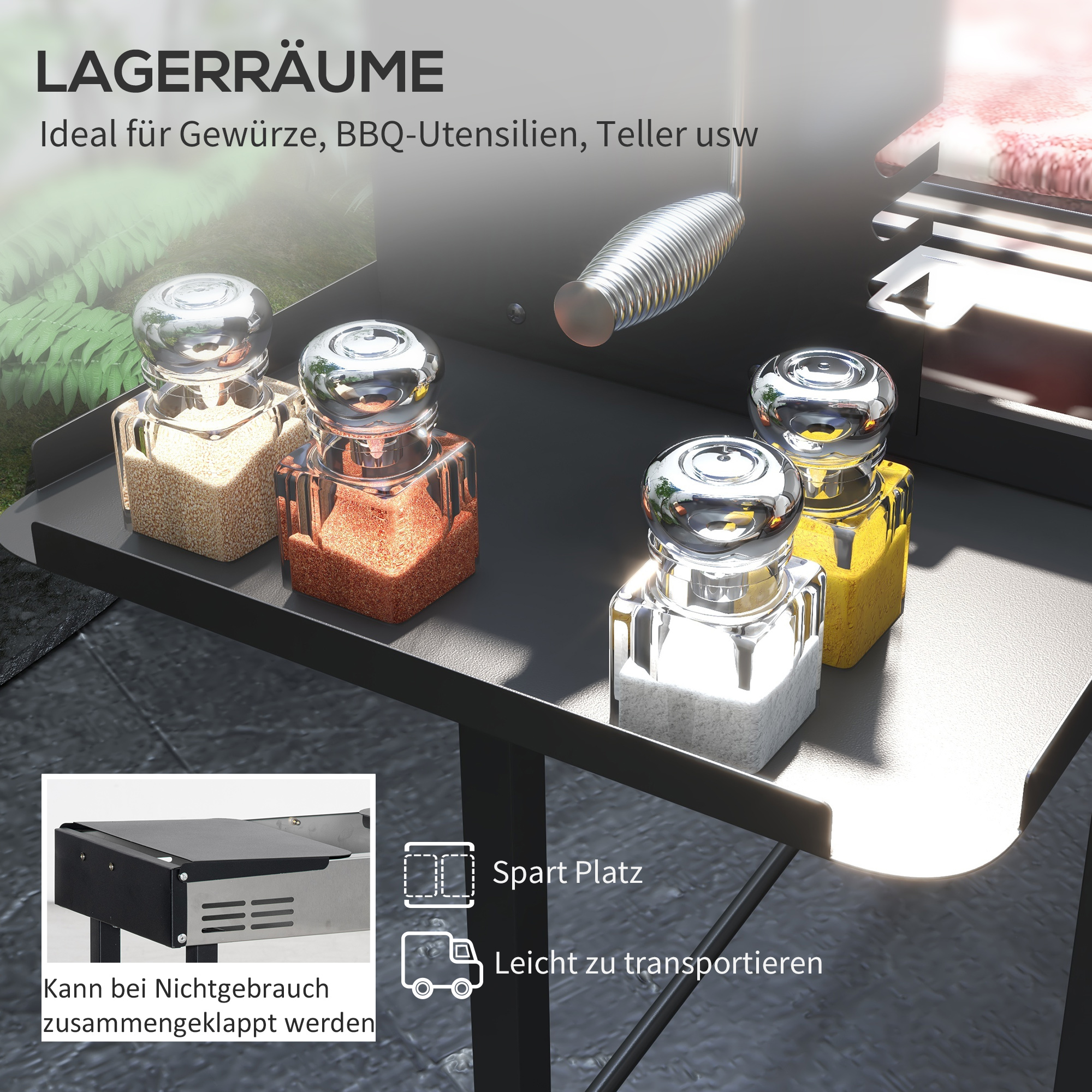 Holzkohlegrill Grill BBQ-Grill, verstellbares Rost, 1 Drehspieß, 118 x 32 x 90 cm, Schwarz + Silber