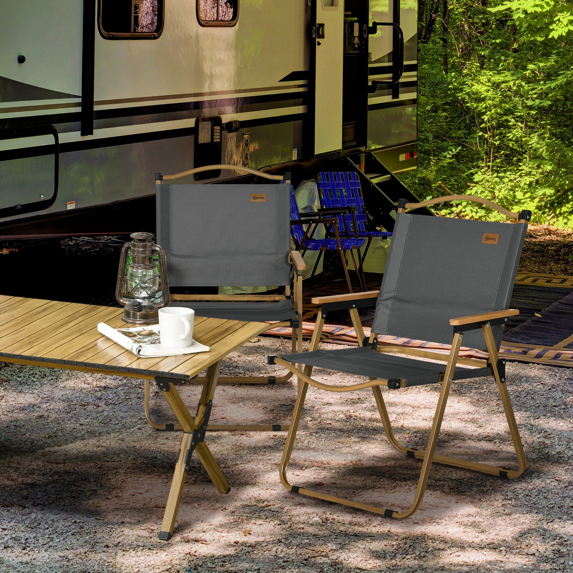 Campingstühle, 2 x Strandstuhl, faltbar, Stahl, Holzoptik, Dunkelgrau
