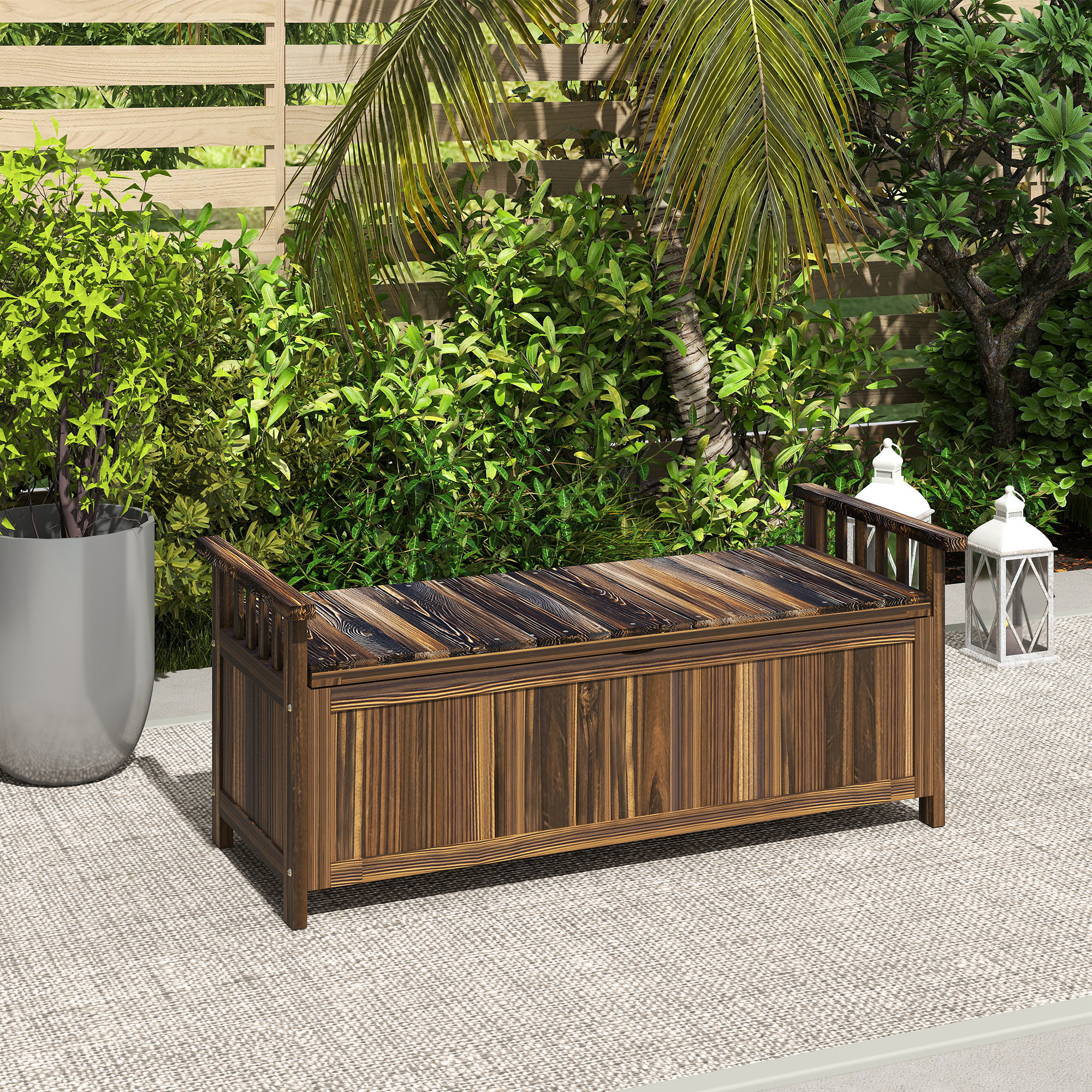 2-Sitzer Gartenbank Holz, wetterfest Sitzbank, Gartenmöbel mit Stauraum Armlehnen 128,5 x 56 x 53,5cm, Verkohlt