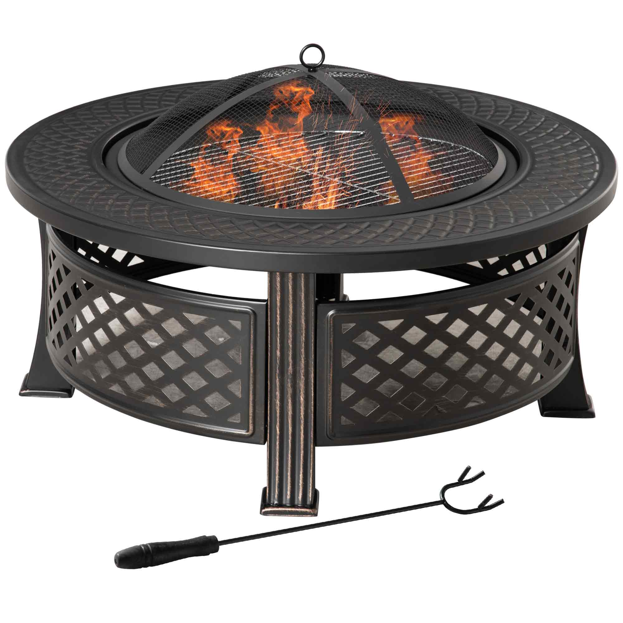 Feuerschale mit Schürhaken Funkenschutz Feuerkorb Feuertisch rund Feuerstelle für Garten Camping BBQ Stahl Schwarz 81 x 81 x 50 cm