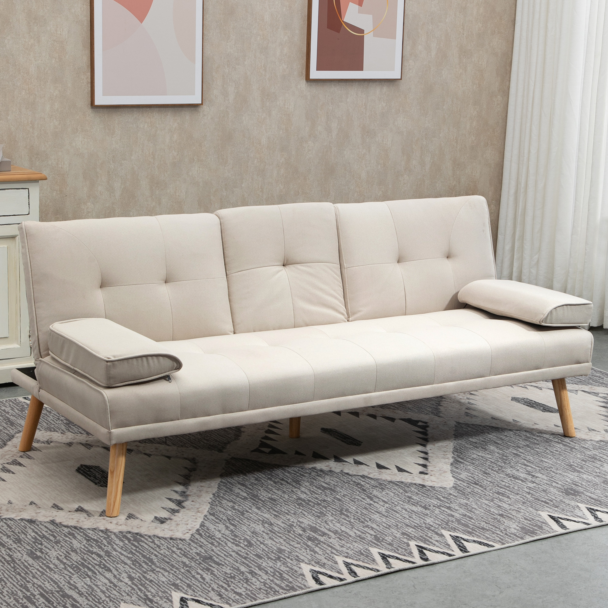 Schlafsofa 3-Sitzer, neigbare Rückenlehne mit Klapptisch, zwei Armpolster, Leinenoptik, beige, 181 x 77 x 78 cm