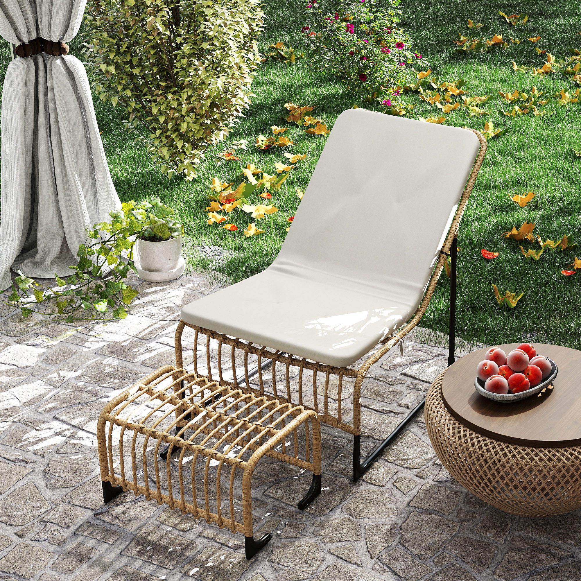 Rattan Relaxsessel mit Fußhocker UV-beständig Gartensessel mit Kissen Bänder 65 x 93 x 80 cm Naturholz