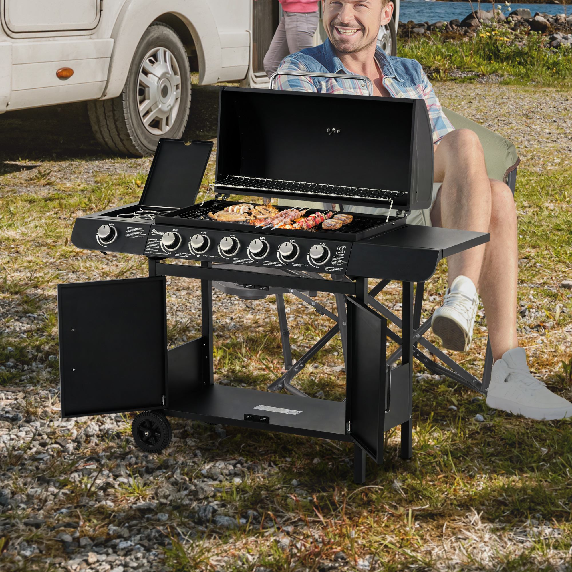 Gasgrill mit 7 Brennern, inkl, Thermometer,  BBQ -Grill, mobiler Grill, Schwarz