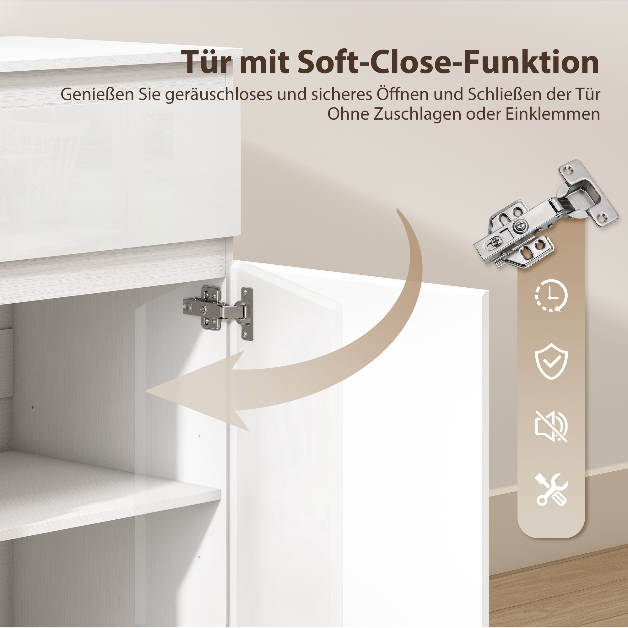 Modernes Sideboard, Stauraum-Sideboard mit 5 Schubladen, verstellbarem Regal, Soft-Close-Tür, Weiß Hochglanz