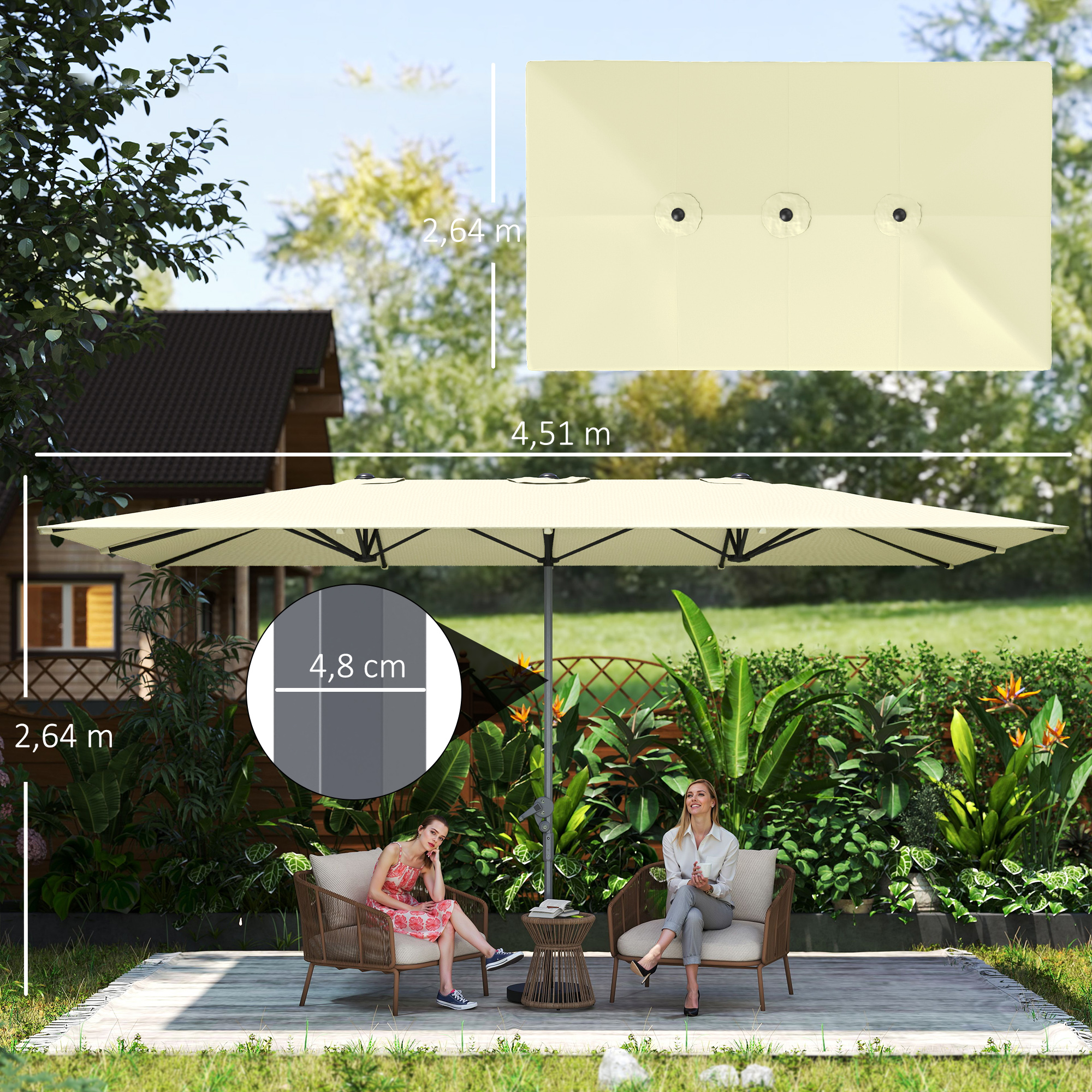 Doppelseitiger Schirm, 451 x 264 cm Sonnenschirm mit Kurbelsystem, 12 Metallstreben, Aluminiummast, Cremeweiß