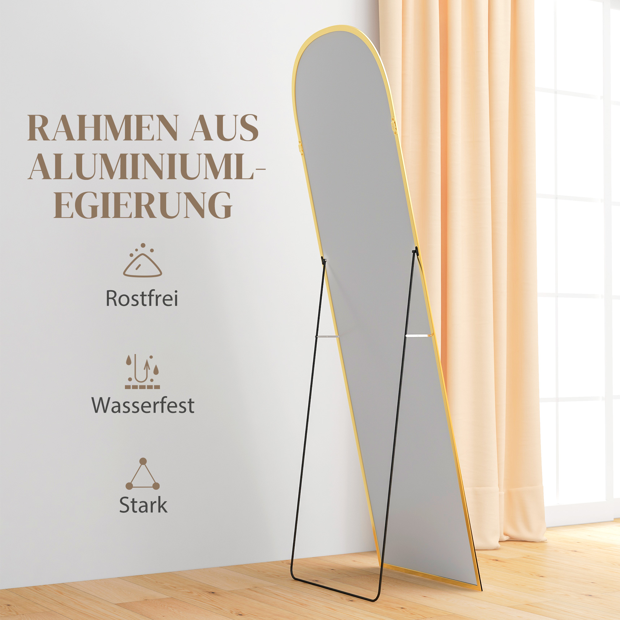 Standspiegel, Ganzkörperspiegel, modernes Design, 50 cm x 1,5 cm x 170 cm, Gold
