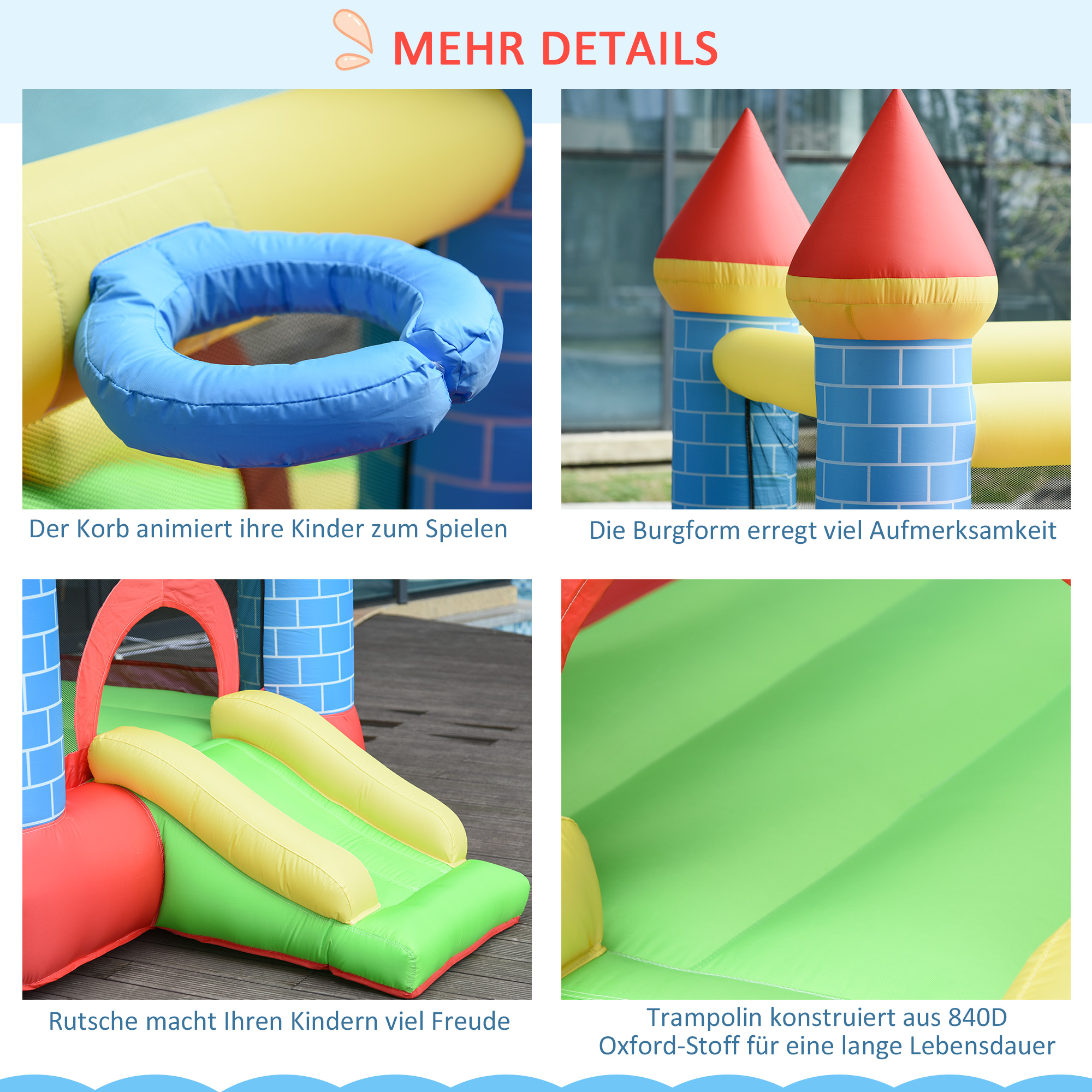 aufblasbare Hüpfburg mit Rutsche Pool für 3 Kinder Burg mit Gebläse für 3-8 Jahre Rot+Blau+Grün 280 x 260 x 210 cm