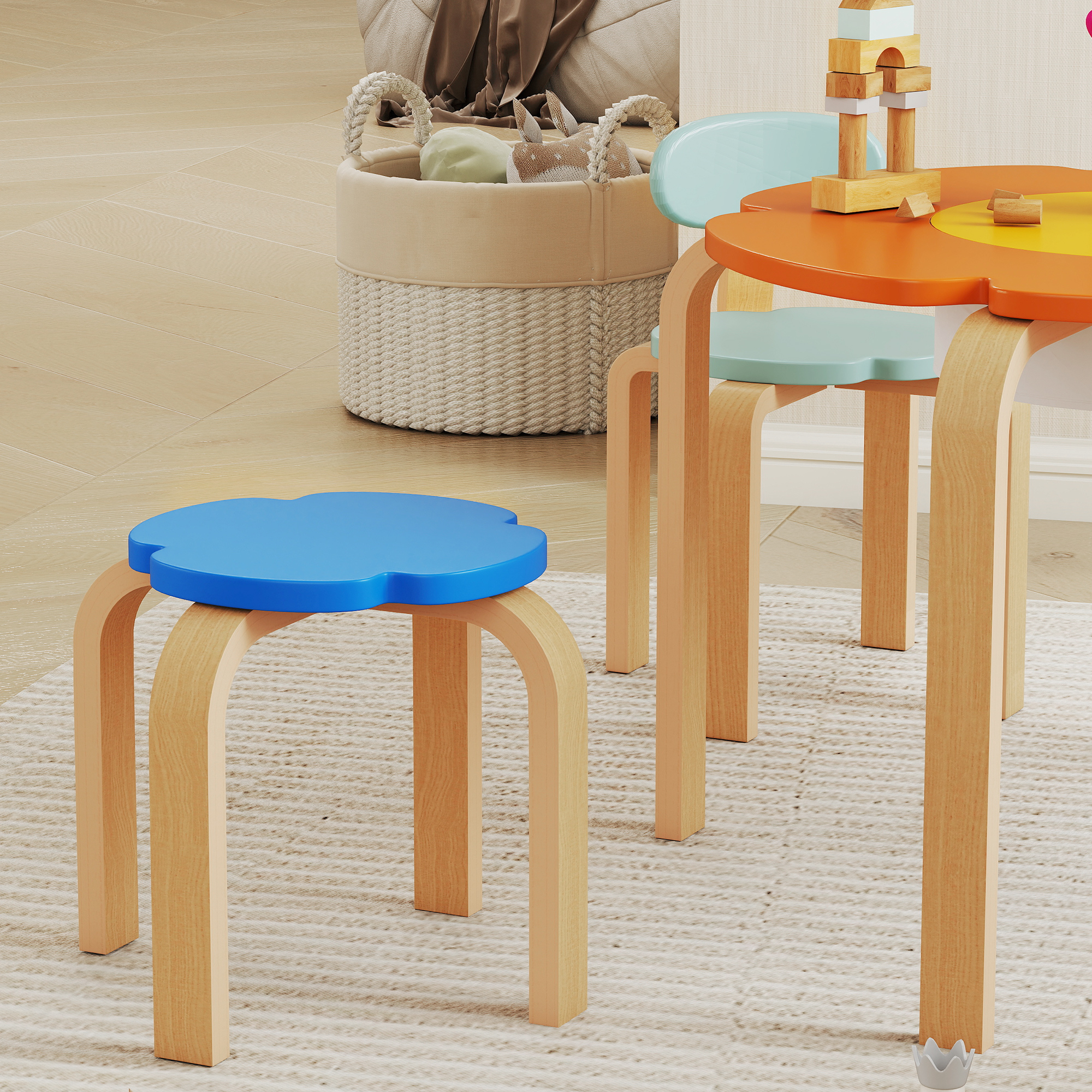 5-teiliges Kindertisch- und Stuhl-Set, mit Aufbewahrungstasche, Blumenform, für Spielzimmer, Kinderzimmer, Holz, Bunt