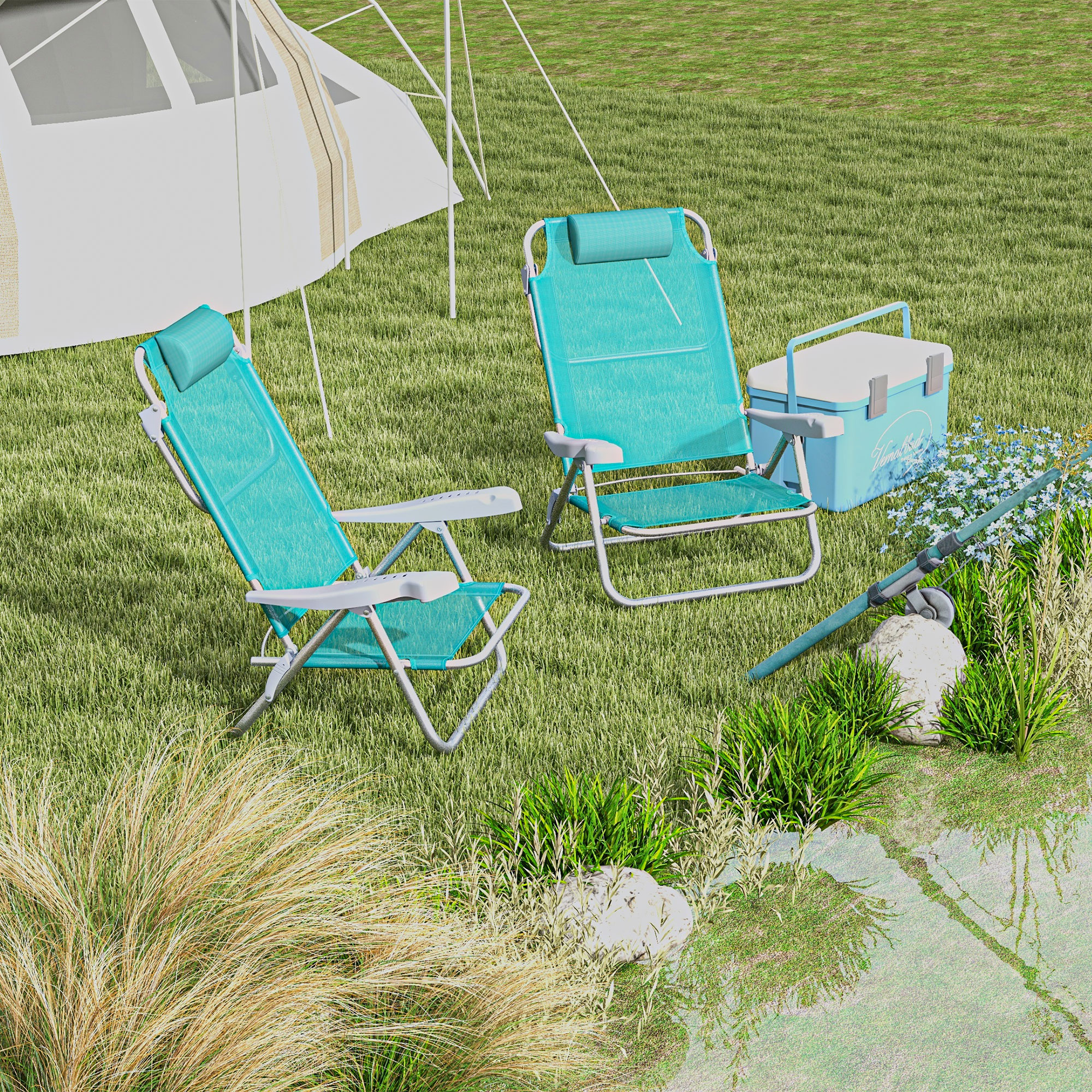 2er Set Campingstühle klappbar Campingstuhl mit 6-fach verstellbarer Netzrückenlehne Kopfstütze 62 x 65 x 80 cm Türkis