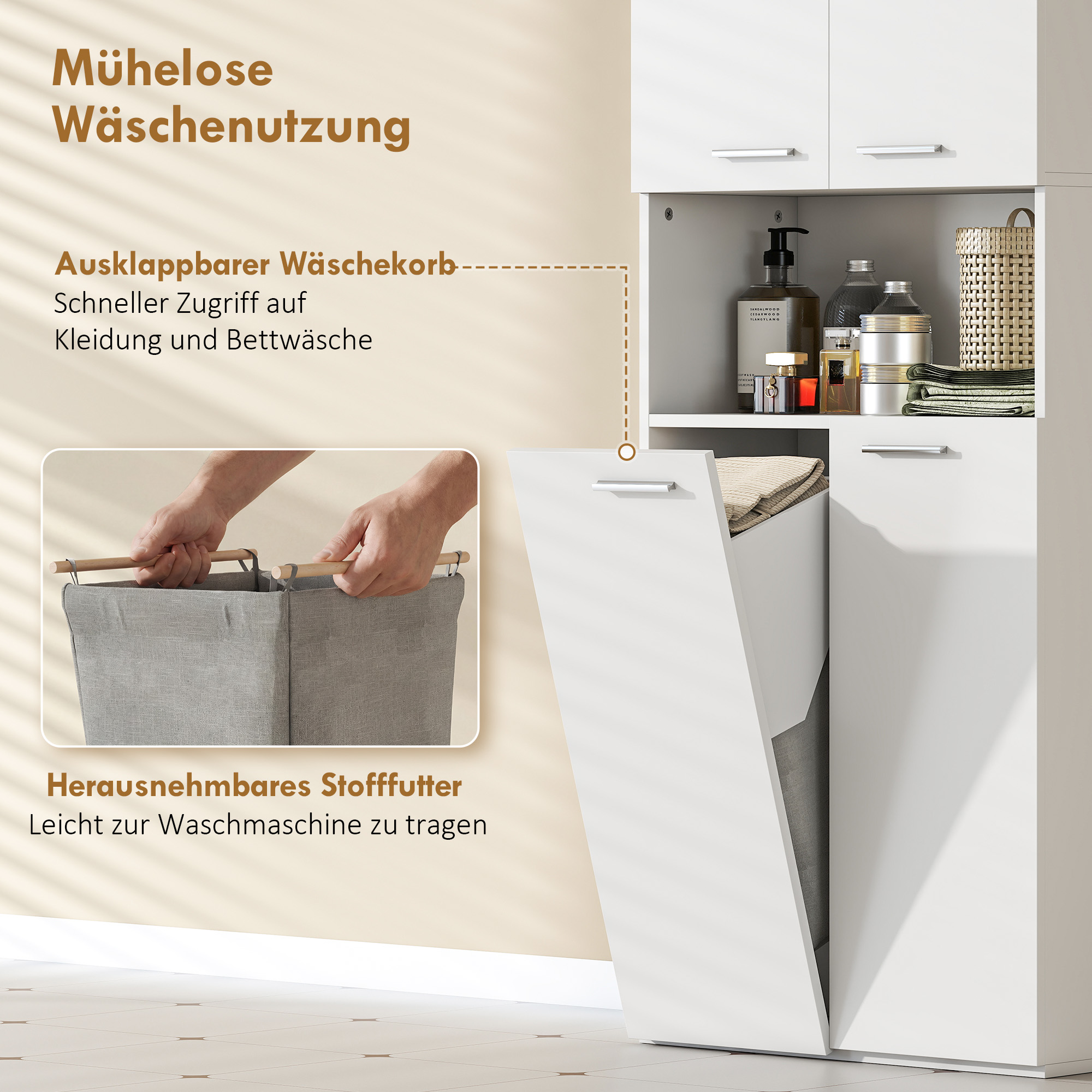 174 cm hoher Badezimmerschrank mit ausklappbarem Wäschekorb und Soft-Close-Türen, Weiß