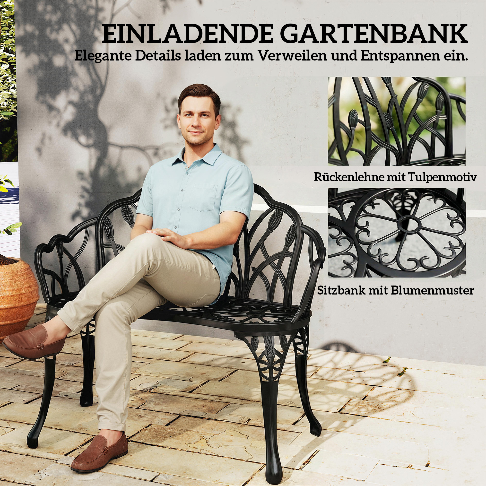 Gartenbank 2-Sitzer Gussaluminium wetterfest Outdoor Sitzbank mit Tulpen-Rückenlehne Blumenmotiv 99 x 57 x 78 cm