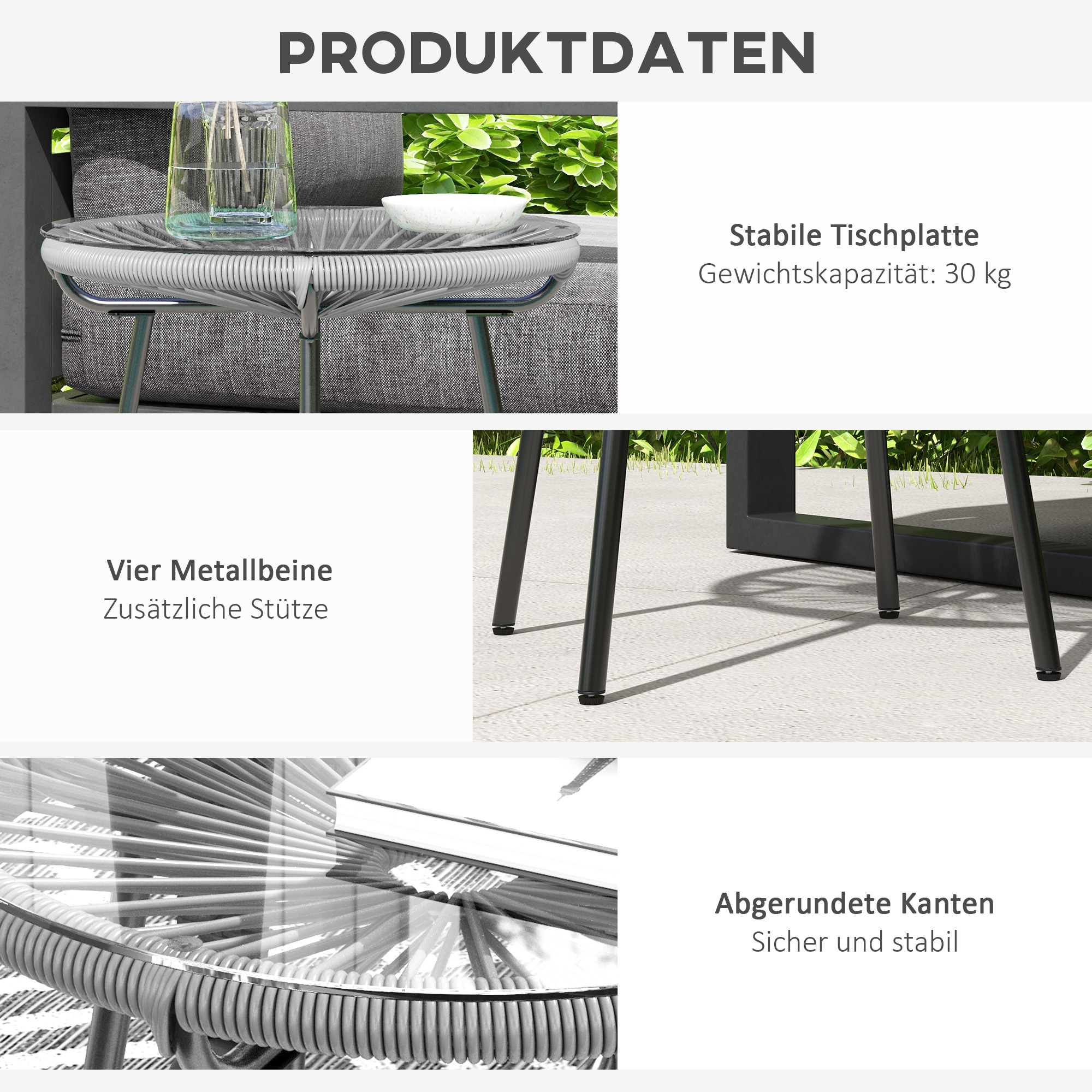 Gartentisch Boho-Stil Outdoor Beistelltisch, PE-Rattan, gehärtetes Glas, wetterbeständig, 50 cm x 50 cm x 50 cm, Grau