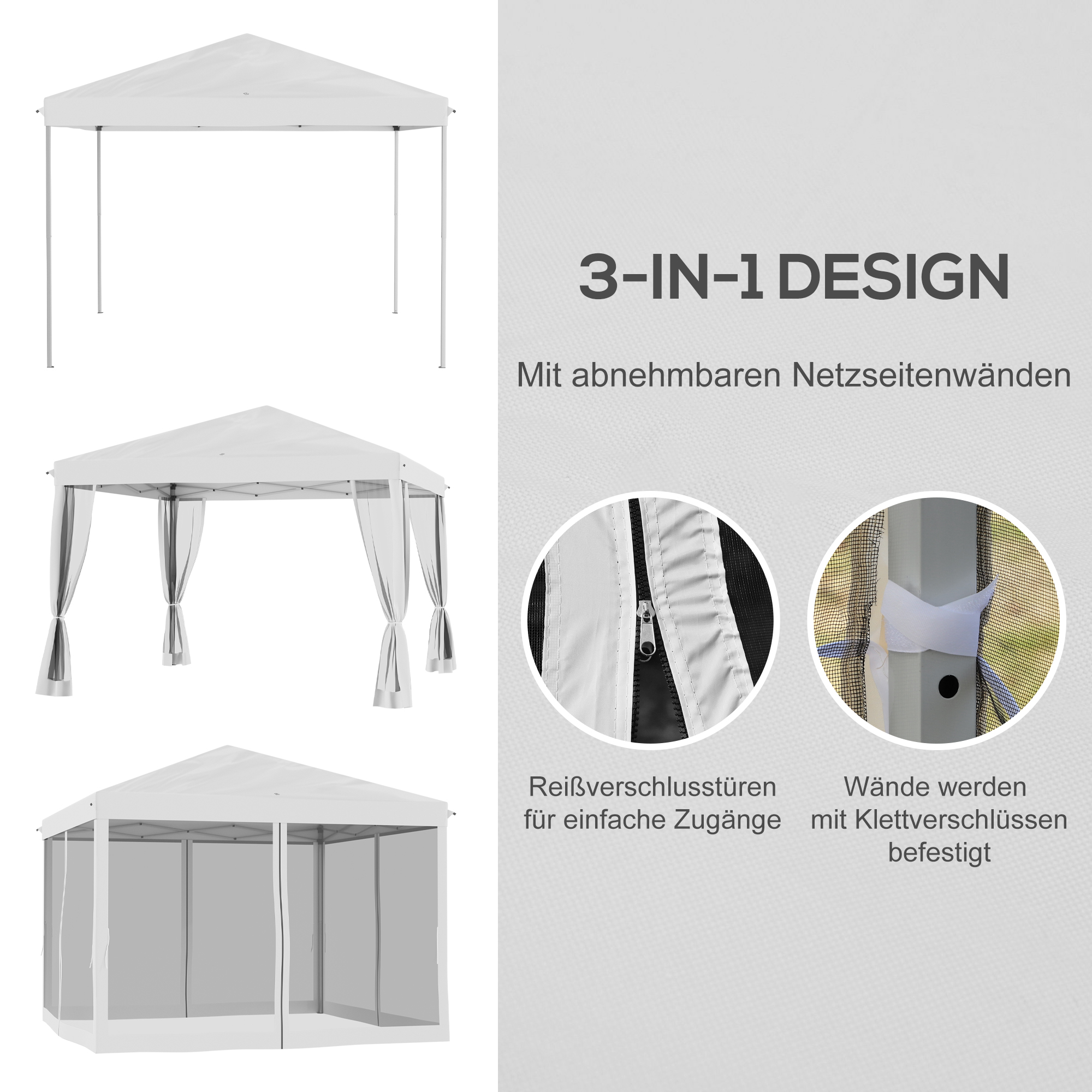Faltpavillon, Faltzelt mit Seitenwänden inkl, Tragetasche, Gartenpavillon, Metall, Oxfordstoff, 3 x 3 m, Cremeweiß