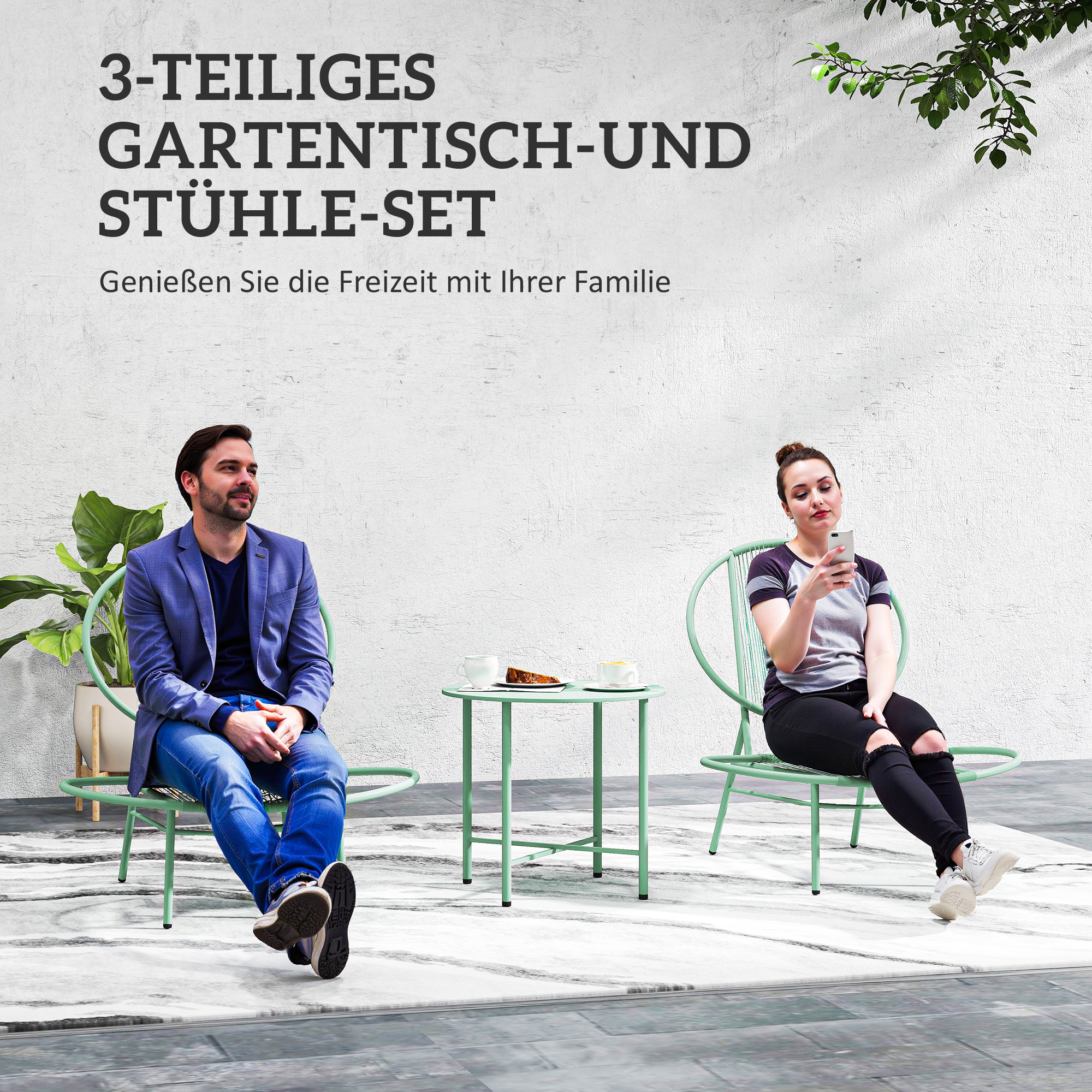 Bistro-Set 3-teilig aus Polyrattan Wetterfest Gartenmöbel Set mit Bistrotisch Muschelförmige Gartenstühlen Grün