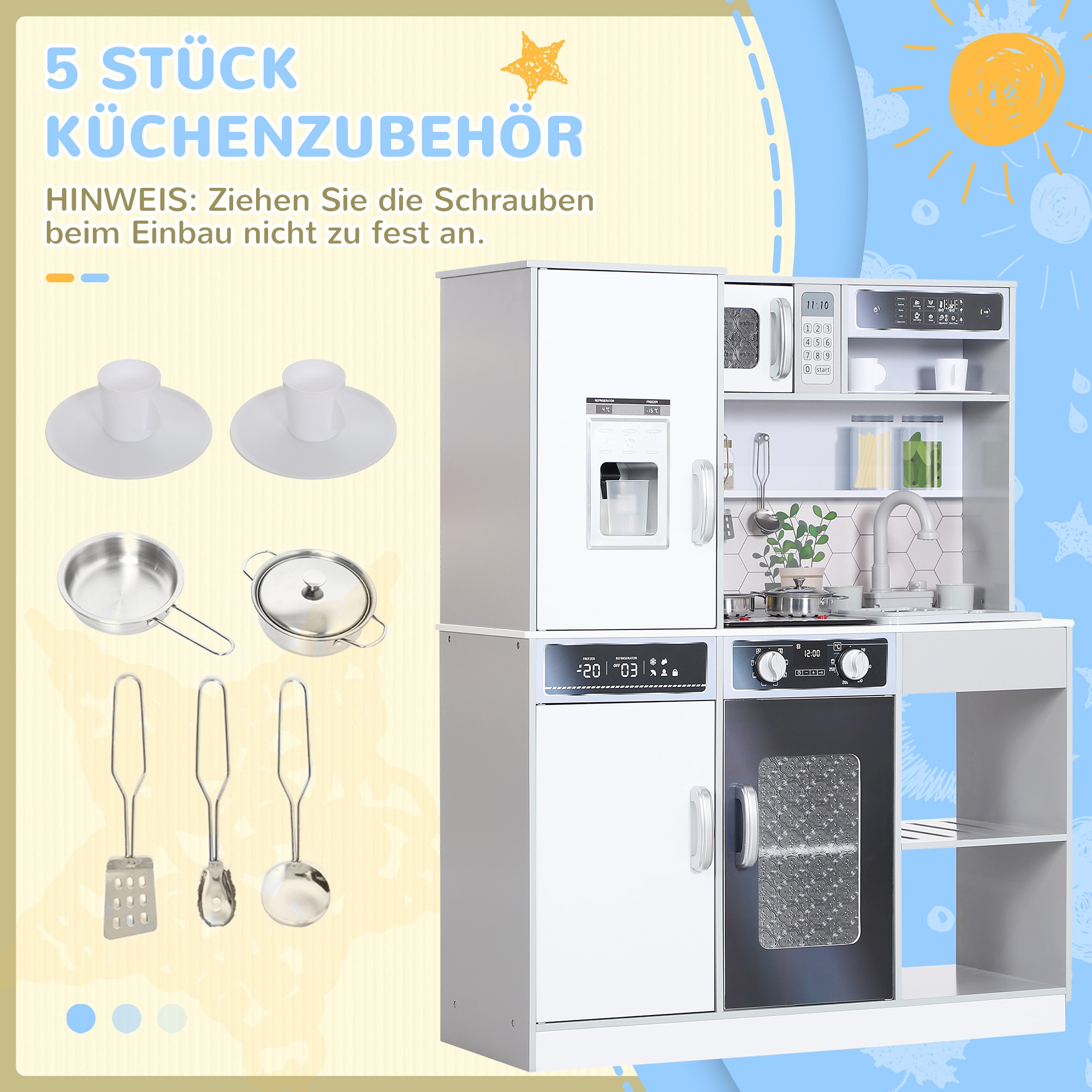 Spielküchen-Set mit Edelstahl-Geschirrset, Herd, Spüle mit Wasserkreislauf, Licht- & Soundeffekte, Weiß