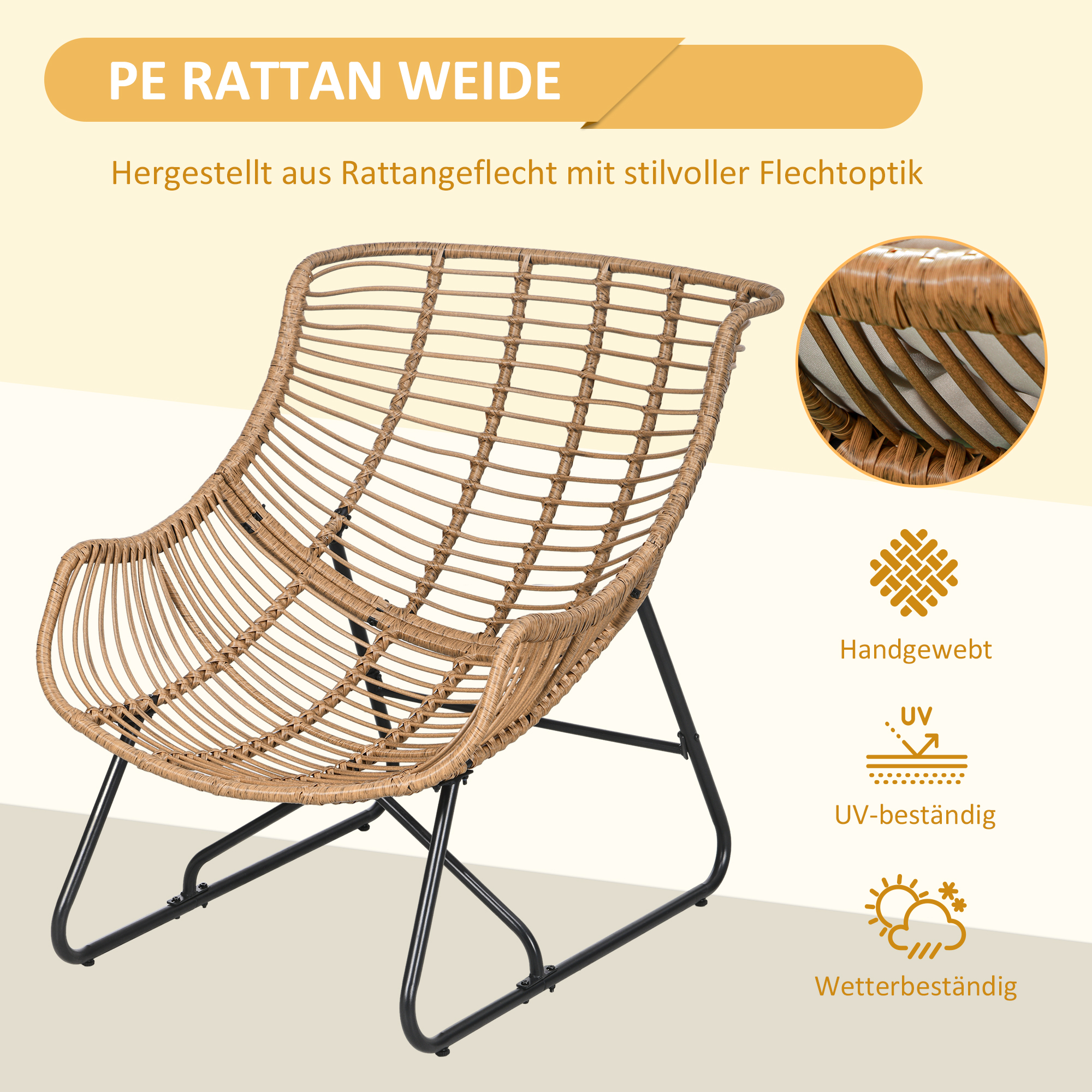Garten Lounge, Rattanoptik, Outdoor Sessel, mit Auflage, Metallrahmen, 75x101x90 cm, Natur/Khaki/Schwarz