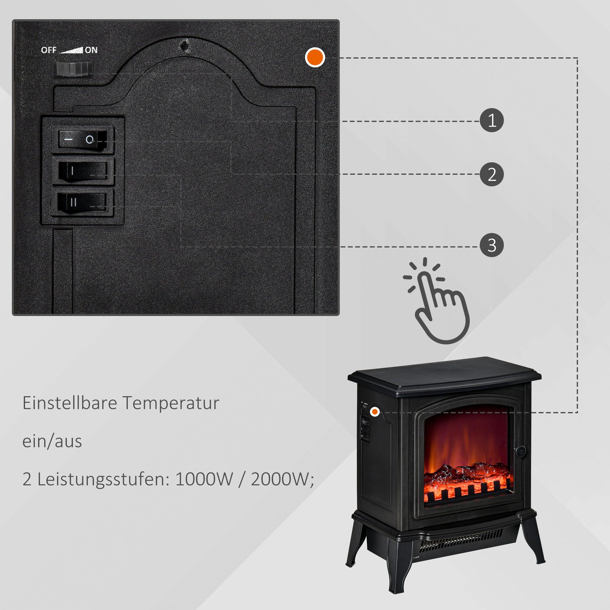Elektrokamin freistehend, Flammeneffekt, 2 Heizmodi 1000W/2000W, gehärtetes Glas, Schwarz, 36,5x24x45,5 cm