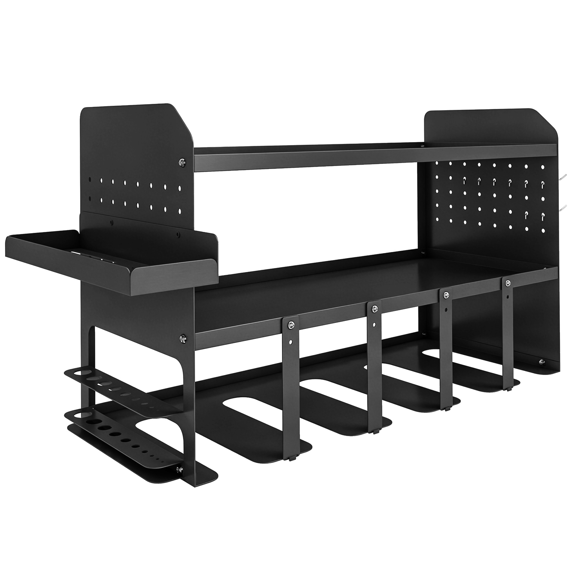 Gartenwerkzeug-Organizer 2-stufig Gartengeräte Ständer mit Haken Seitenfach bis 50 kg 61,8 x 23 x 32,7cm Schwarz