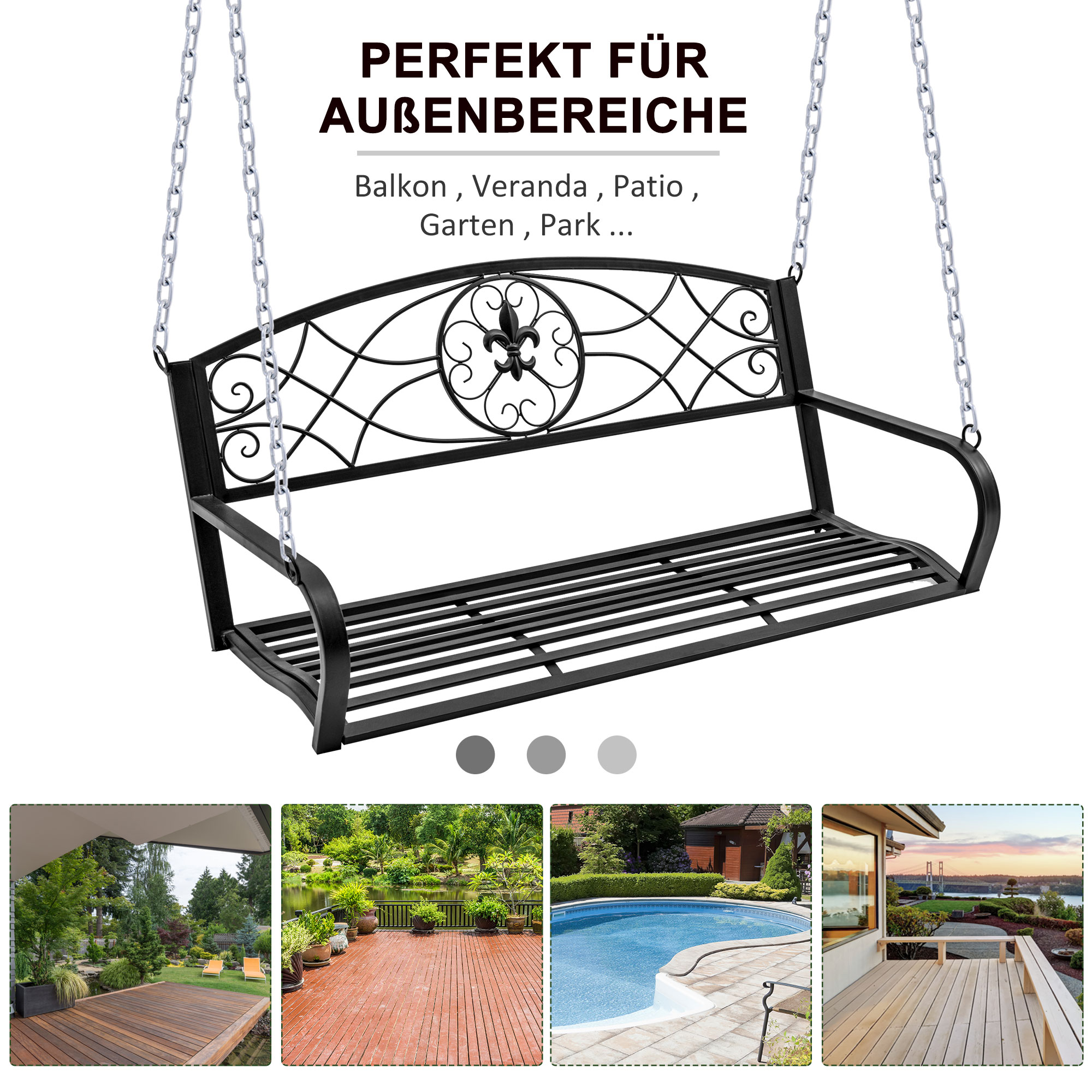 Hängebank 2-Sitzer Gartenschaukel Schaukelbank Hollywoodschaukel Schwebebank mit Ketten Metall Schwarz 132 x 63 x 58 cm