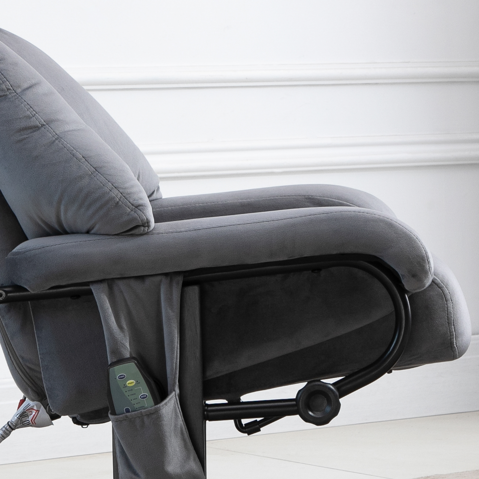 Relaxsessel mit Hocker, Drehbarer Fernsehsessel mit Schwingmassage, Liegefunktion, Massagesessel mit Seitentasche, Liegesessel mit Samtoptik für Wohnzimmer Grau