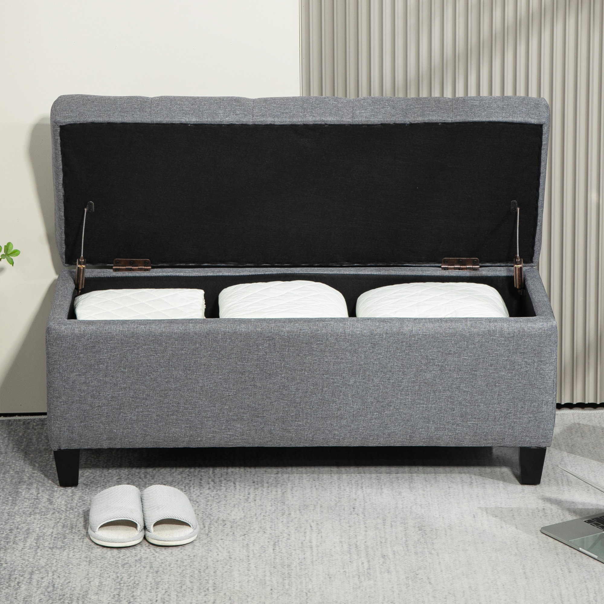 Sitzbank, Polsterbank mit Stauraum, leinenartiges Polyester, Kautschukholz, 100 x 40 x 44 cm, Hellgrau