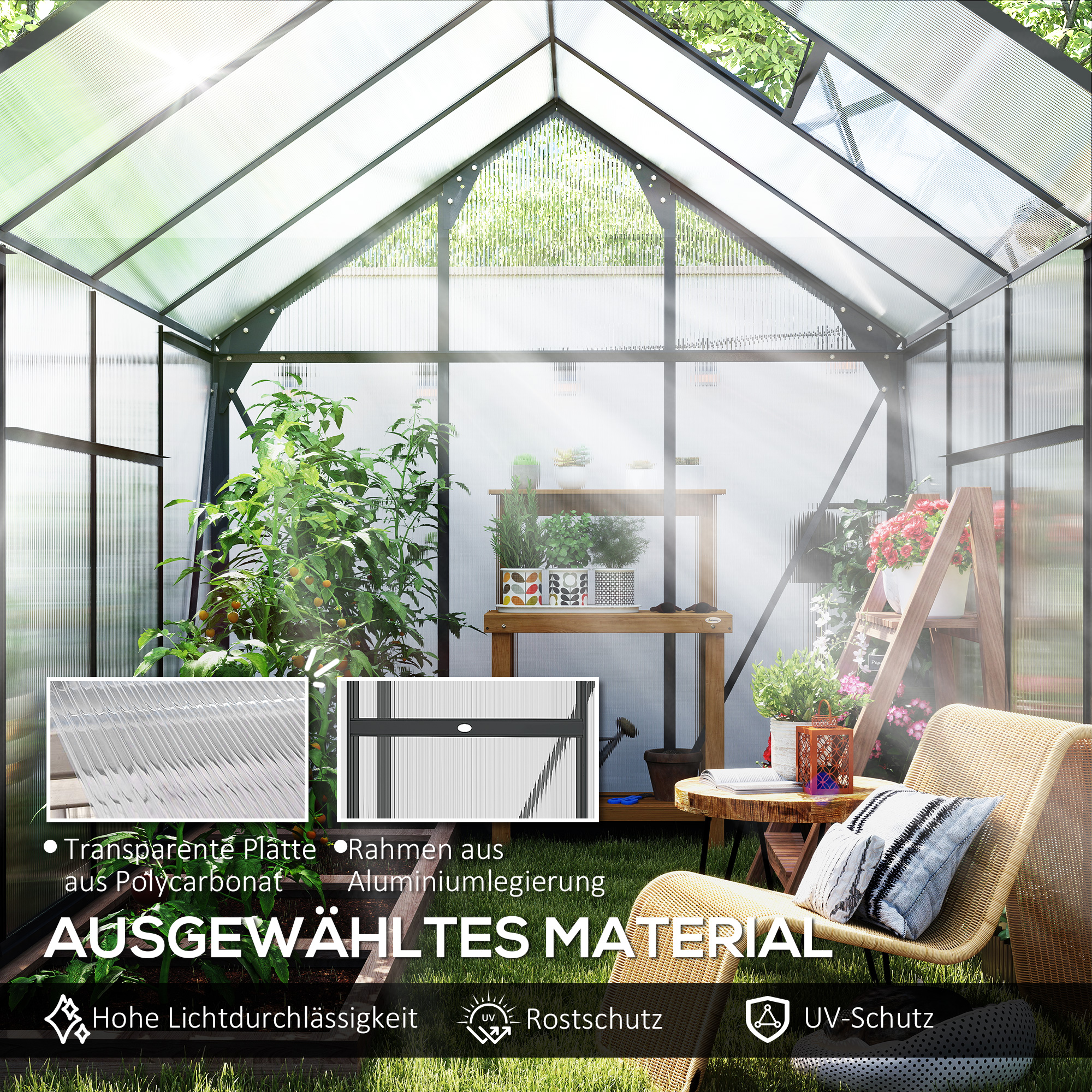 Gewächshaus, Treibhaus, mit Dachfenster, Schiebetür, transparent, Polycarbonat+Aluminium, 190 x 252 x 201cm
