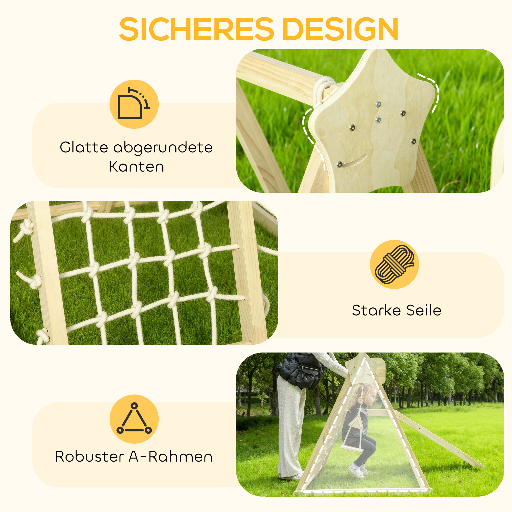 5-in-1 Indoor-Klettergerüst mit Rutsche, Schaukel, Kletternetz, Basketballkorb, klappbar, 3-6 Jahre, Naturholz