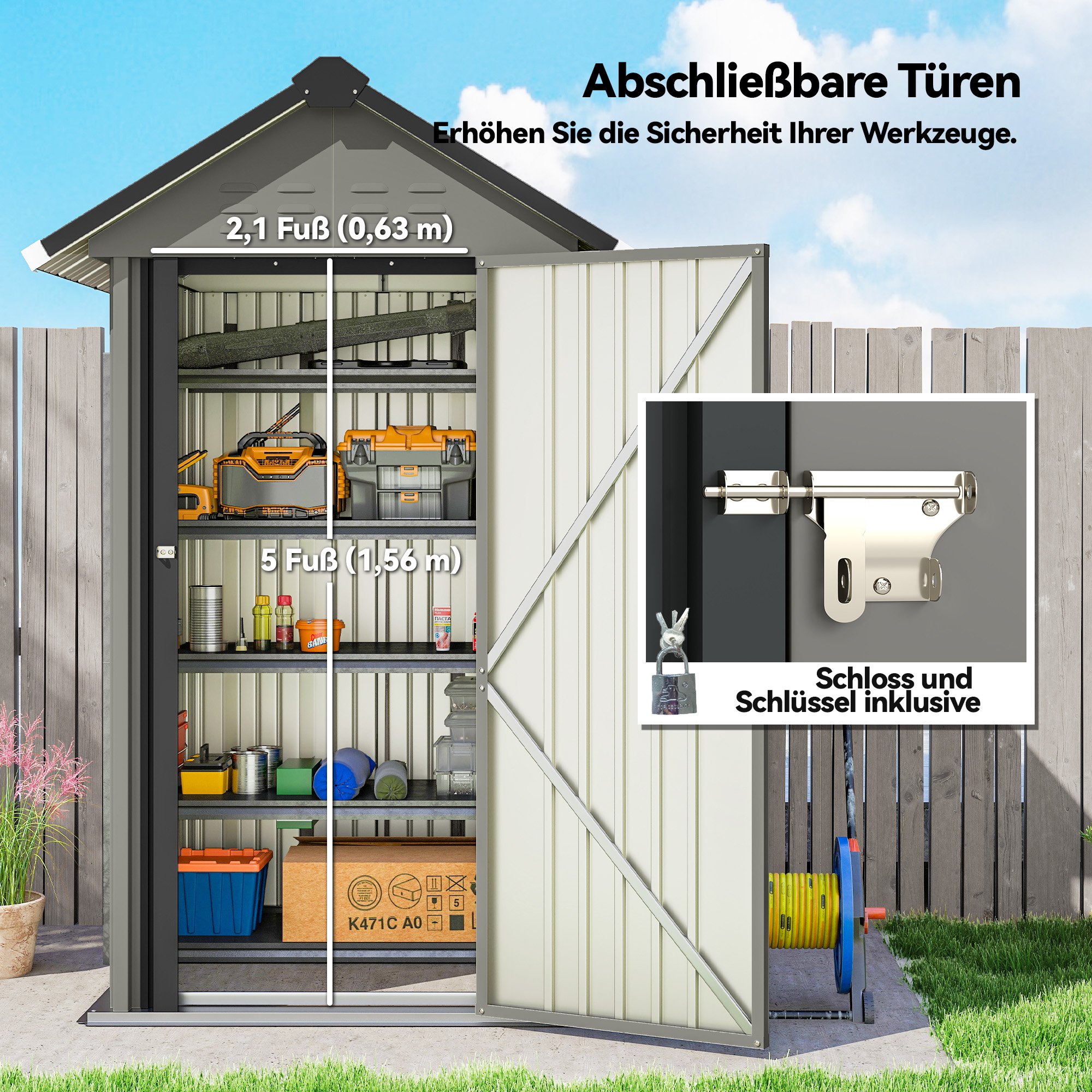 Metall Gerätehaus 1,17 m², Geräteschuppen mit Satteldach Lüftung Schloss Handschuhen, 122 x 121 x 192 cm