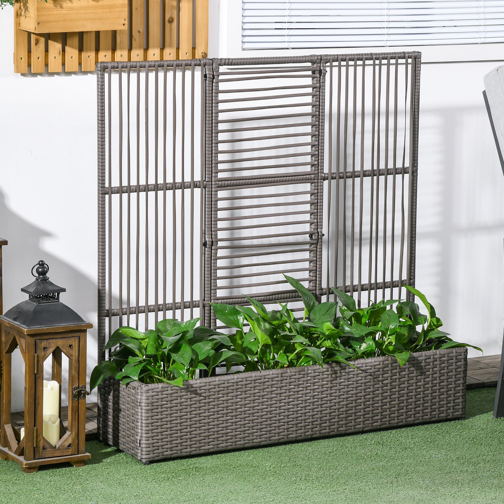 Blumenkasten mit Spalier, wetterfest, Polyrattan, 103 x 29 x 103 cm, Grau