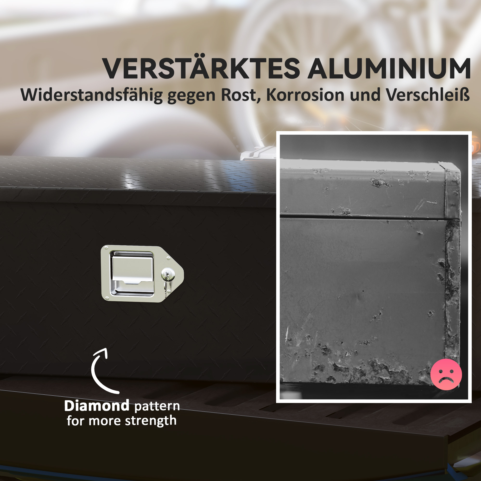 Stabile Aufbewahrungskiste aus Aluminium mit Seitengriffen, Schloss und Schlüsseln, Werkzeugkasten, 99 x 33 x 25,4 cm