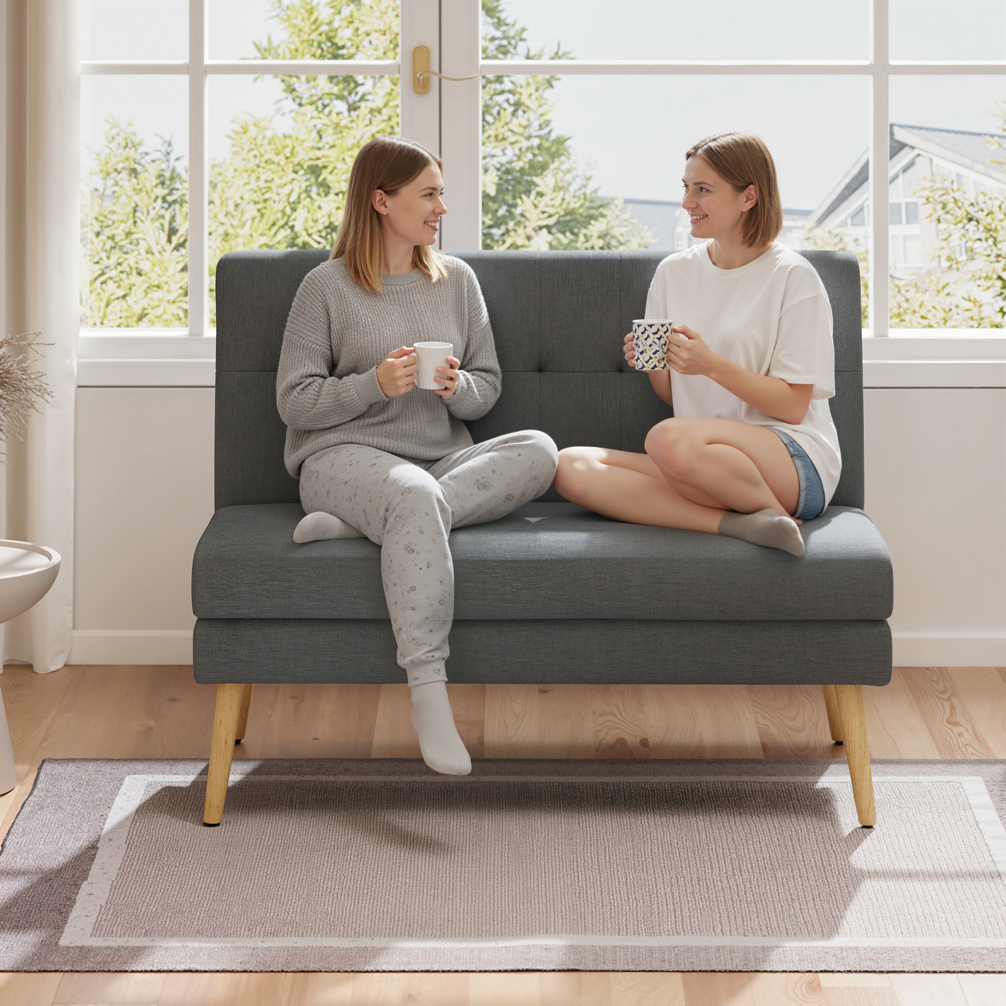 2-Sitzer-Sofa, getuftete Rückenlehne, Holzbeine, dicke Polsterung, Leinenoptik, für kleine Räume, Grau
