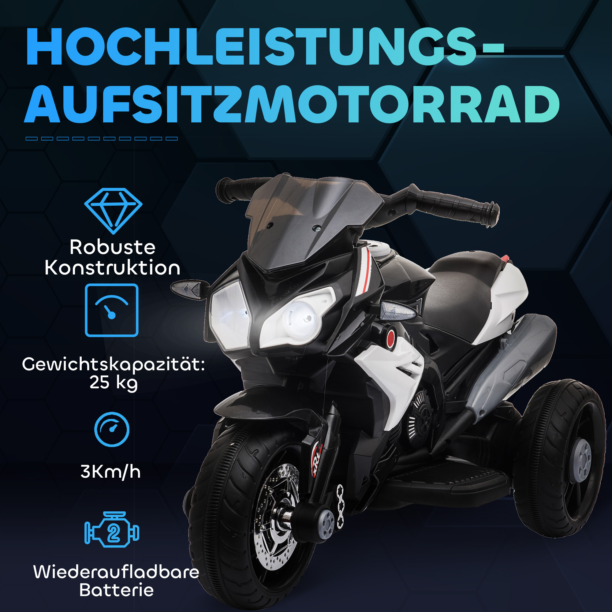 Elektro-Kindermotorrad, Lichter & Geräusche, 3 km/h, wiederaufladbar, Kunststoff & Metall, Schwarz/Weiß