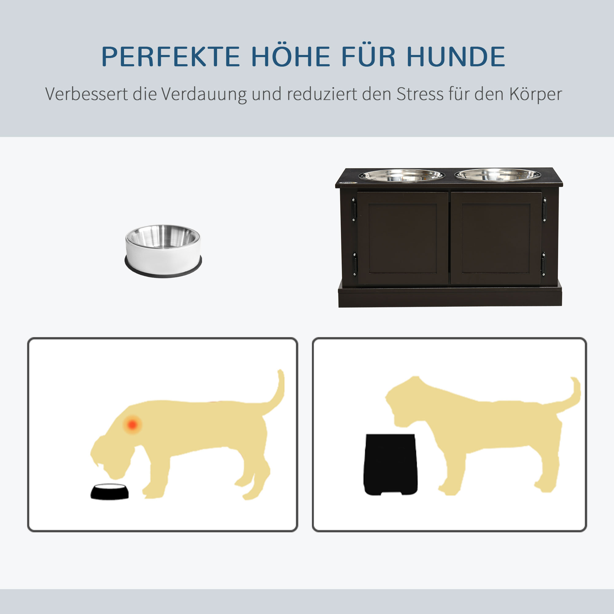 Futterstation erhöhte Futternäpfe, inklusive Stauraum, 60 cm x 30 cm x 34 cm, Braun + Silber