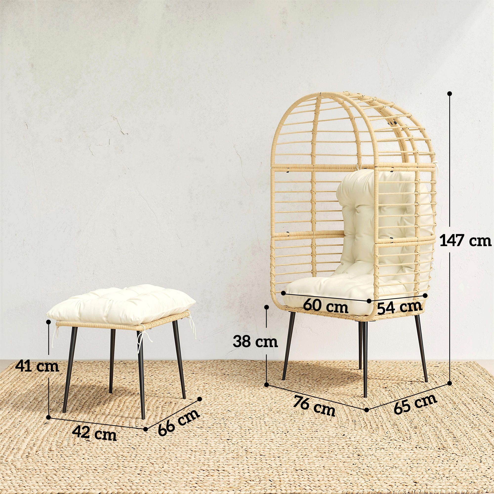 Gartensessel mit Hocker PE Rattan Ei-Form Korbsessel mit langen & dicken Kissen Metallrahmen Beige