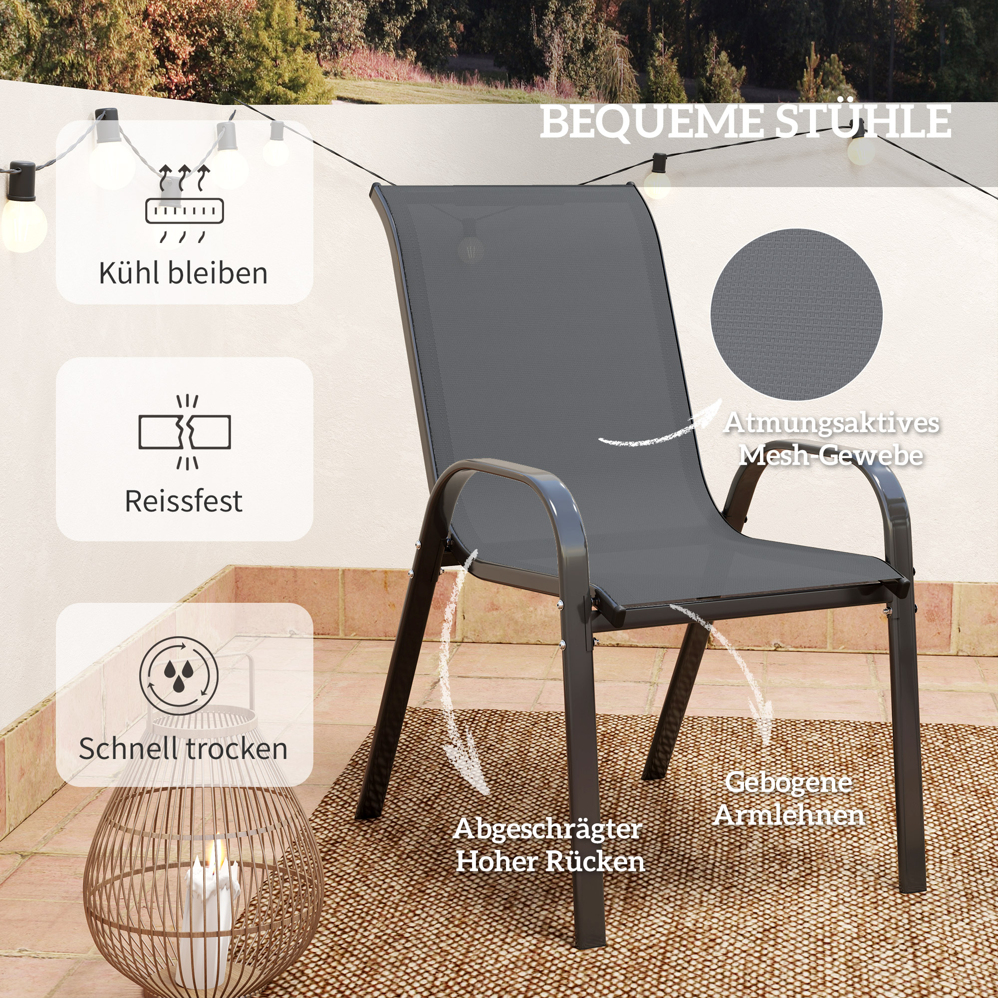 Bistro-Set 3-teilig Wetterfest Gartenmöbel Set mit Glastisch Stapelbare Gartenstühlen Dunkelgrau