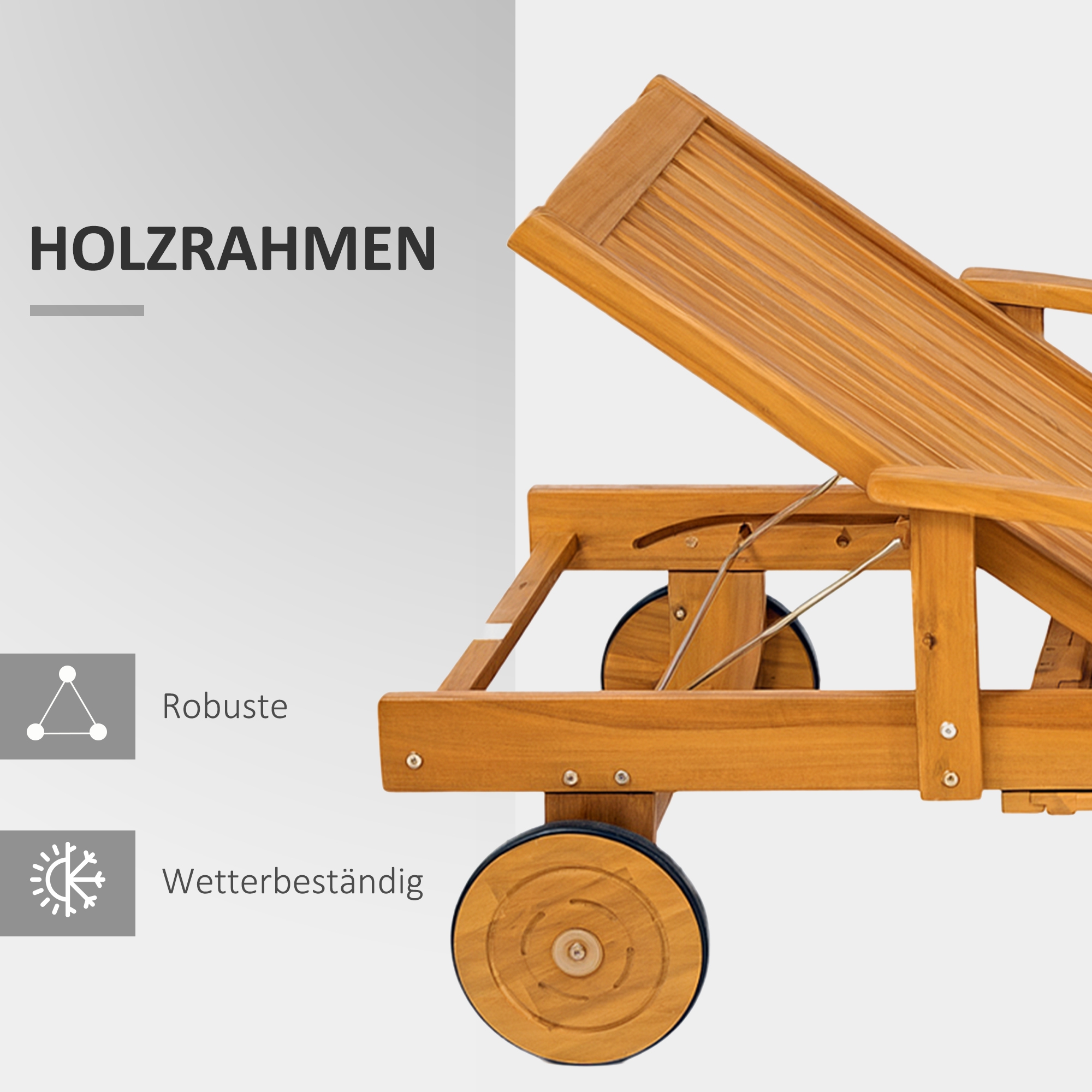 Sonnenliege Holz klappbar Gartenliege mit Seitentisch, Rolle, 4-Fach verstellbare Rückenlehne Teak
