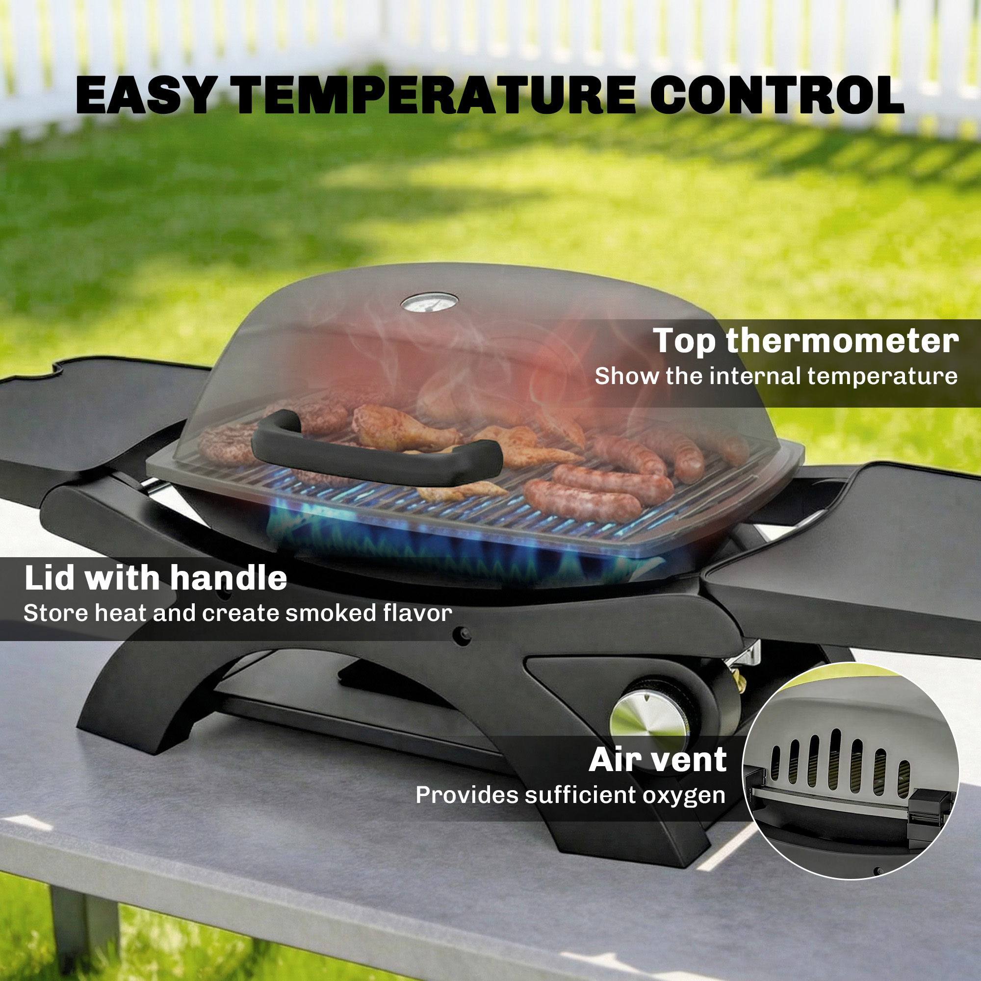 Gasgrill 3,3 KW Tischgrill mit 1 Brenner klappbar Seitentischen Gusseisen Grillroste herausnehmbar Fettauffangschale