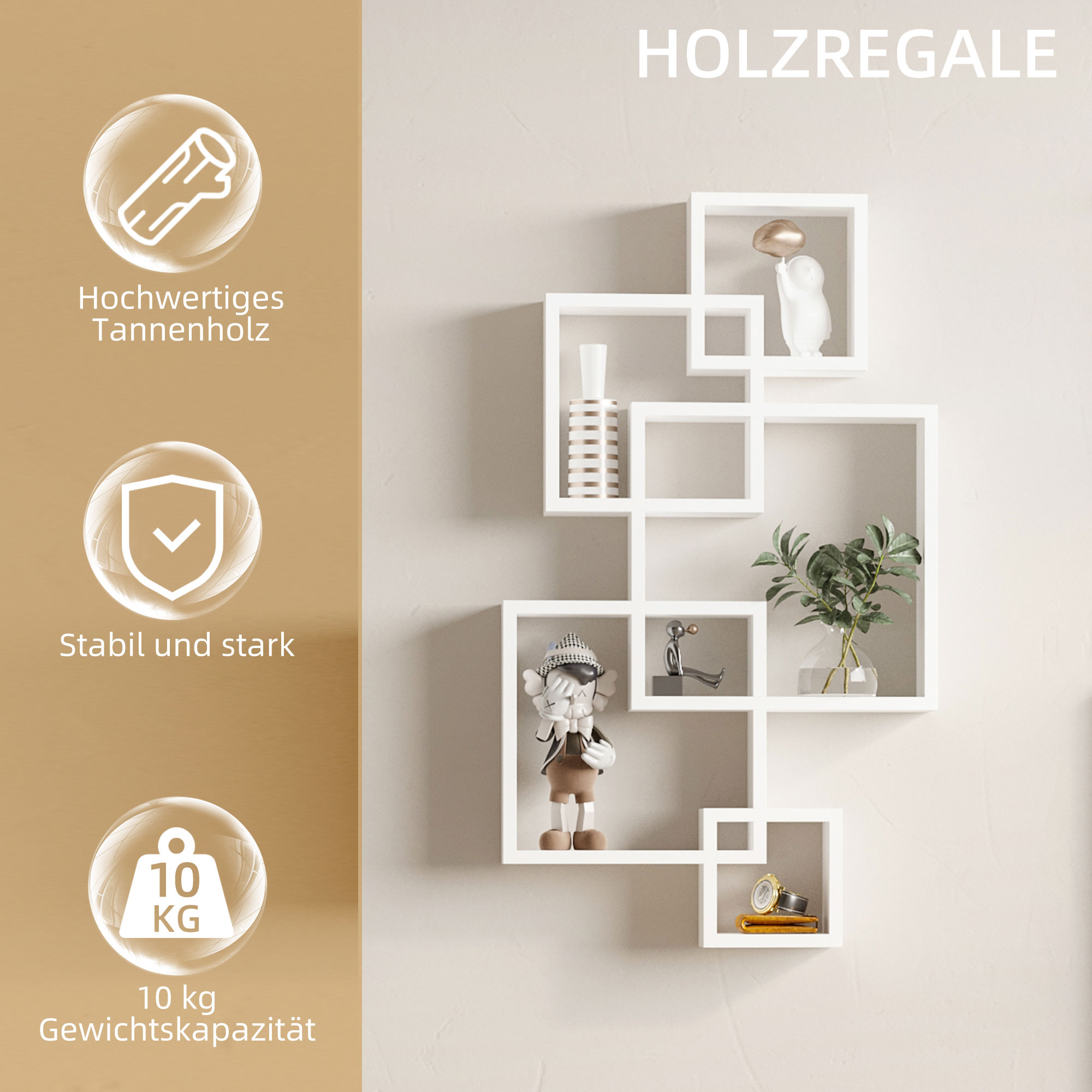 Wandregal, Schweberegal, 5 Regale, Massivholz, Weiß