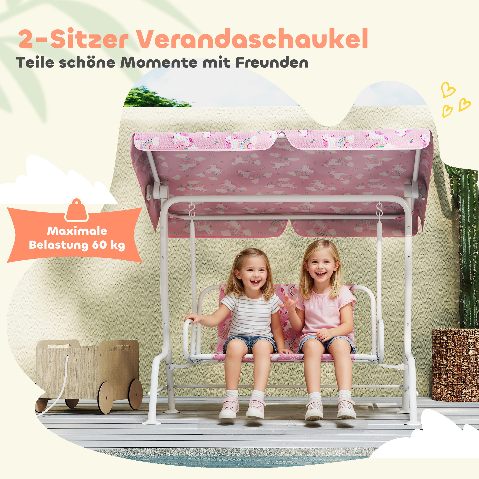 2-Sitzer Kinder Hollywoodschaukel mit verstellbarem Sonnendach, Sicherheitsgurt, für 3-6 Jahre Kinder bis 60 kg Rosa