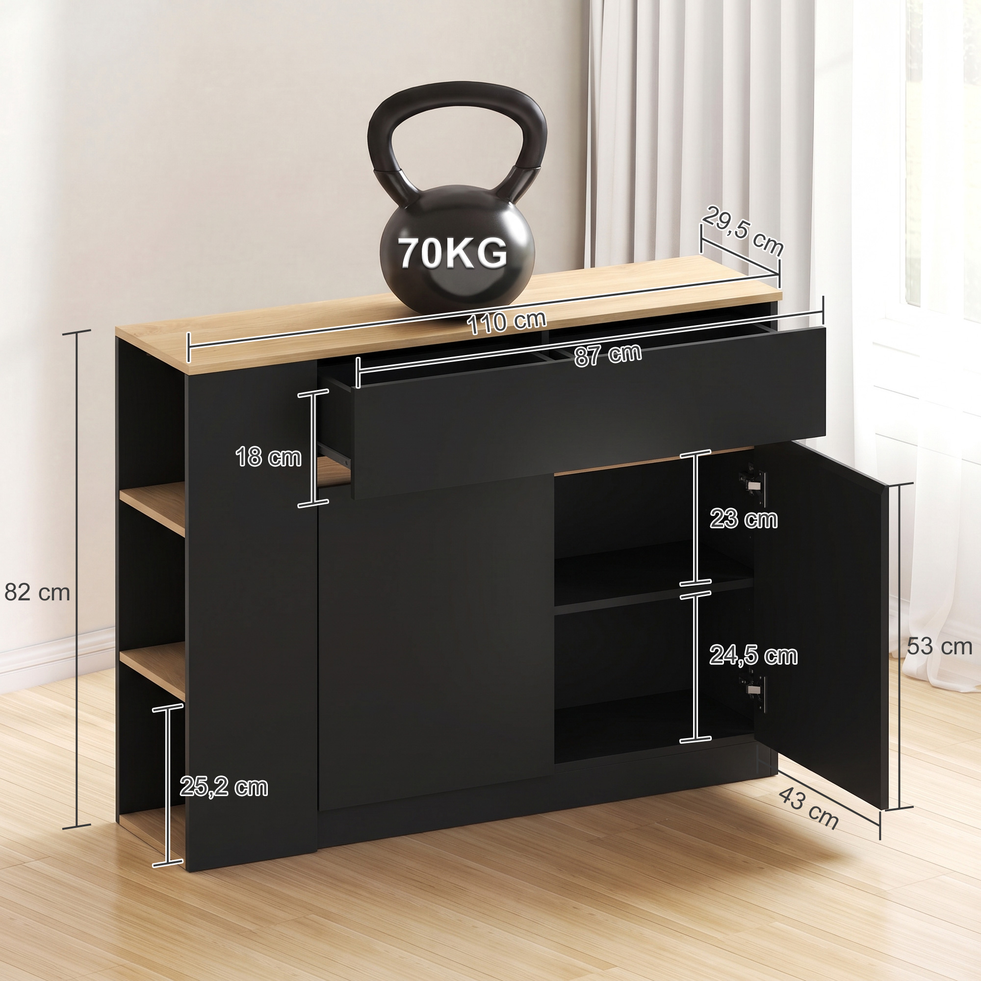Sideboard, Buffet, großes Schrankfach, 3-stufiges Regal, Schublade, schwarz, 110 x 29,5 x 82cm