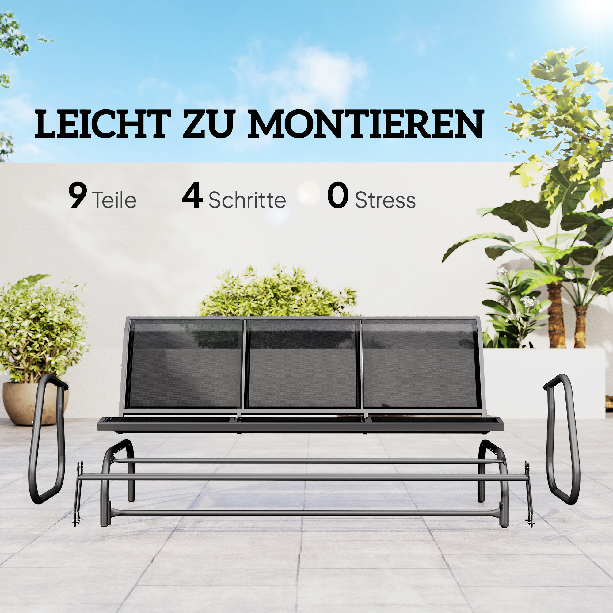 3-Sitzer Schaukelstuhl Gartenbank mit Schaukelmechanismus Gartenschaukel Sitzbank aus Metall Parkbank bis 300 kg belastbar Gartenmöbel für Garten, Terrasse, 147 x 70 x 85 cm Dunkelgrau
