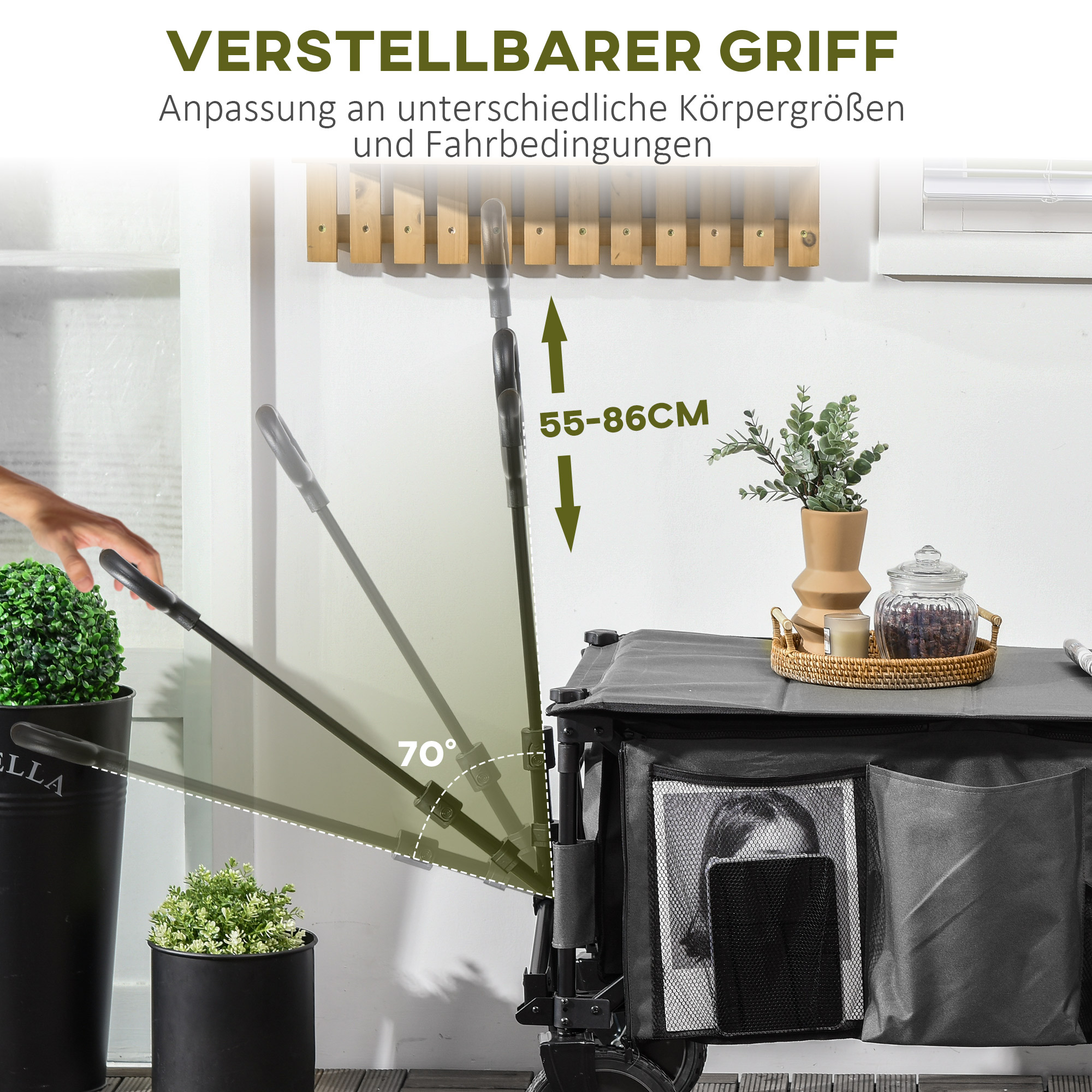 Bollerwagen, klappbar, 5 Seitentaschen, verstellbarer Griff, bis 120 kg, Stahl, dunkelgrau, 100 x 55 x 93 cm