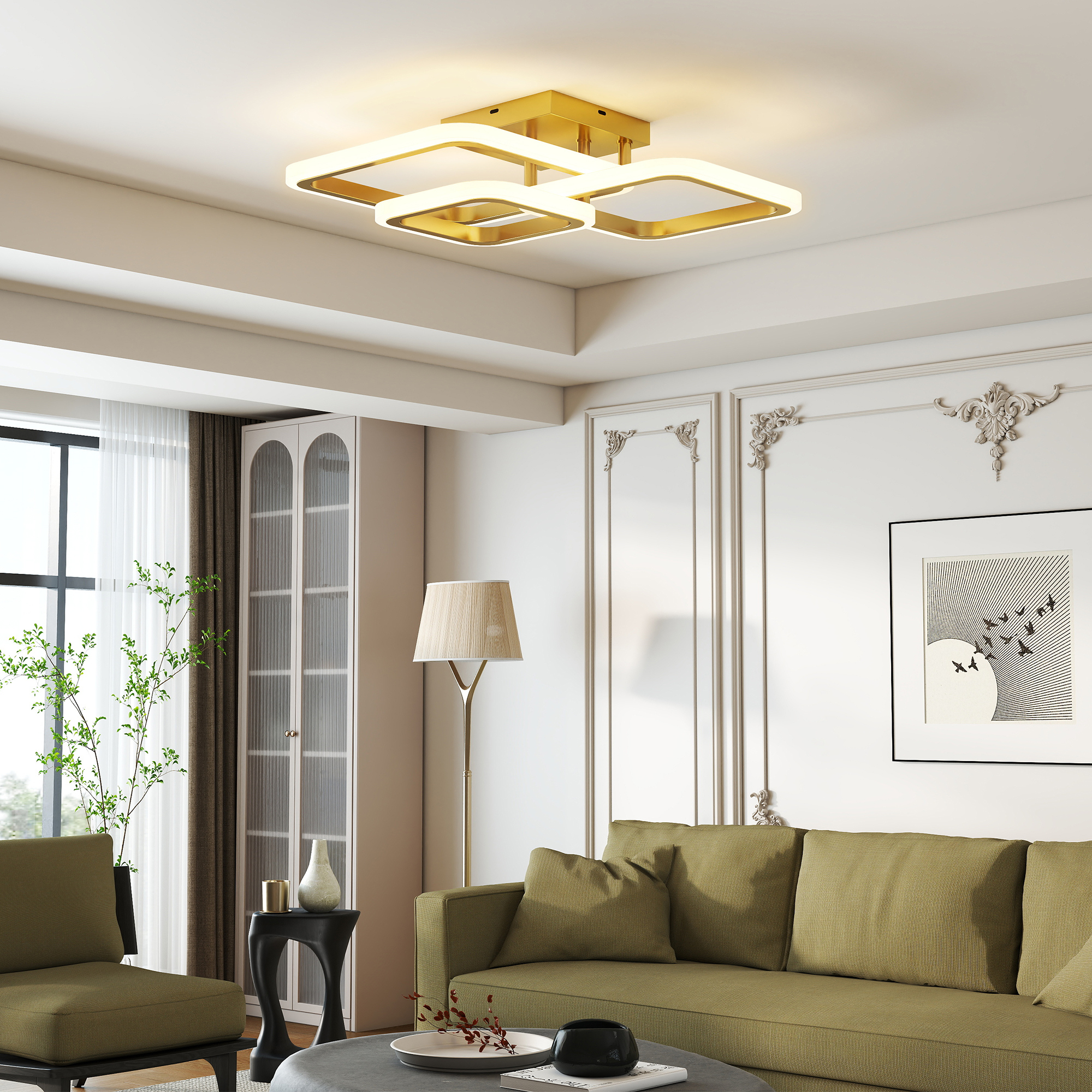 Deckenleuchte LED 40W 4300LM 3500K/4500K/6000K Deckenlampe 3-eckige Wohnzimmerlampe, 48 x 46 x 13 cm, Gold