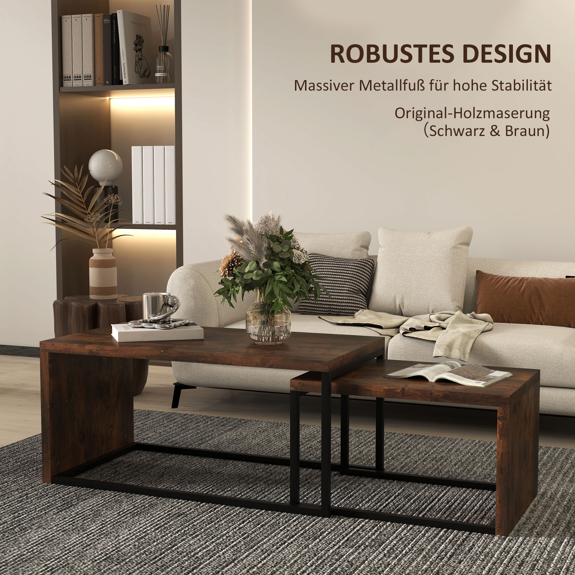 2er-Set Couchtisch, Sofatisch, Beistelltisch, Spanplatte, Metall, 90 x 48 x 42 cm/59 x 42 x 36 cm, Schwarz+Braun